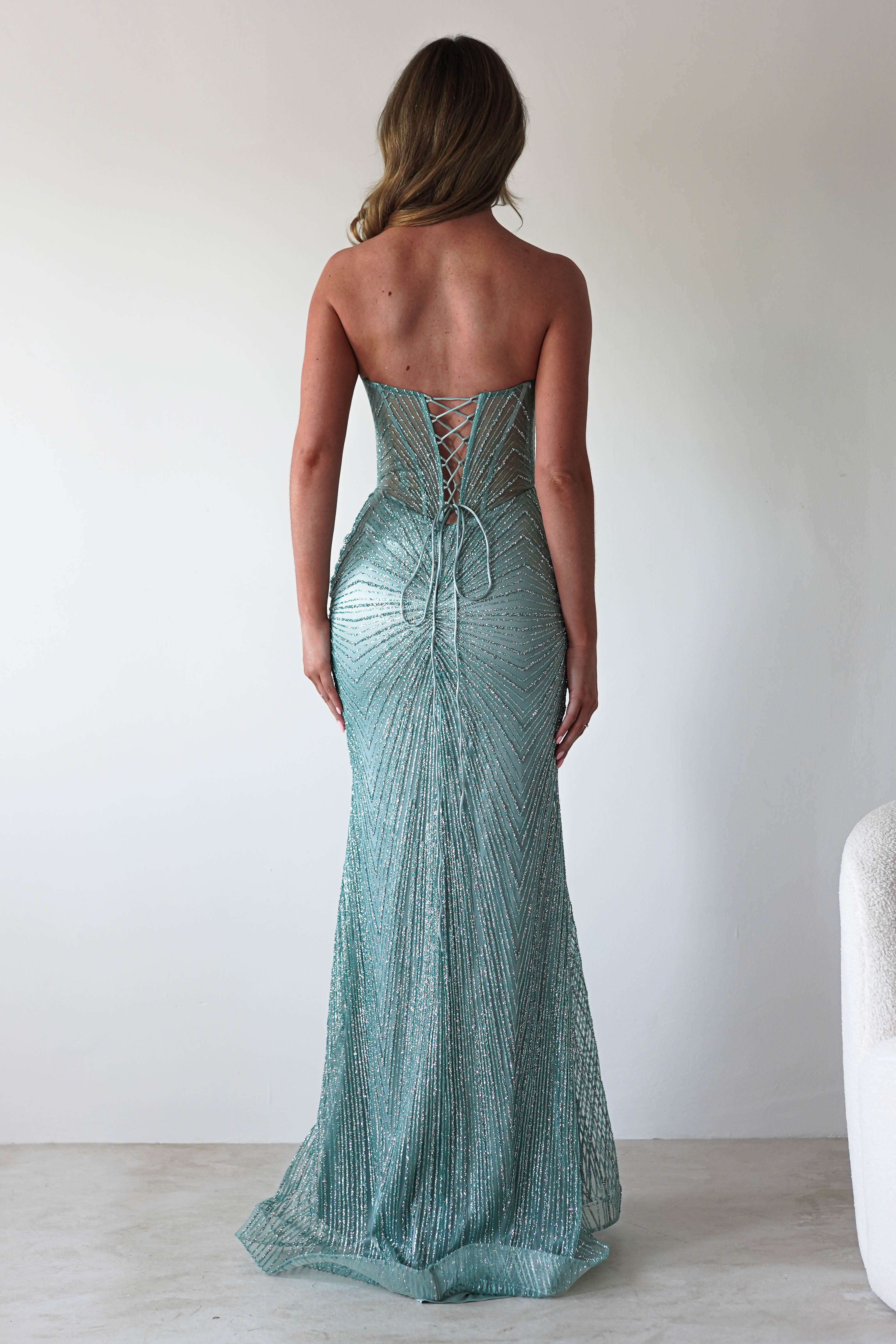 Elyse Glitter Strapless Gown | Sage | Debs & Prom | Formal Gown | Oh Hello Clothing