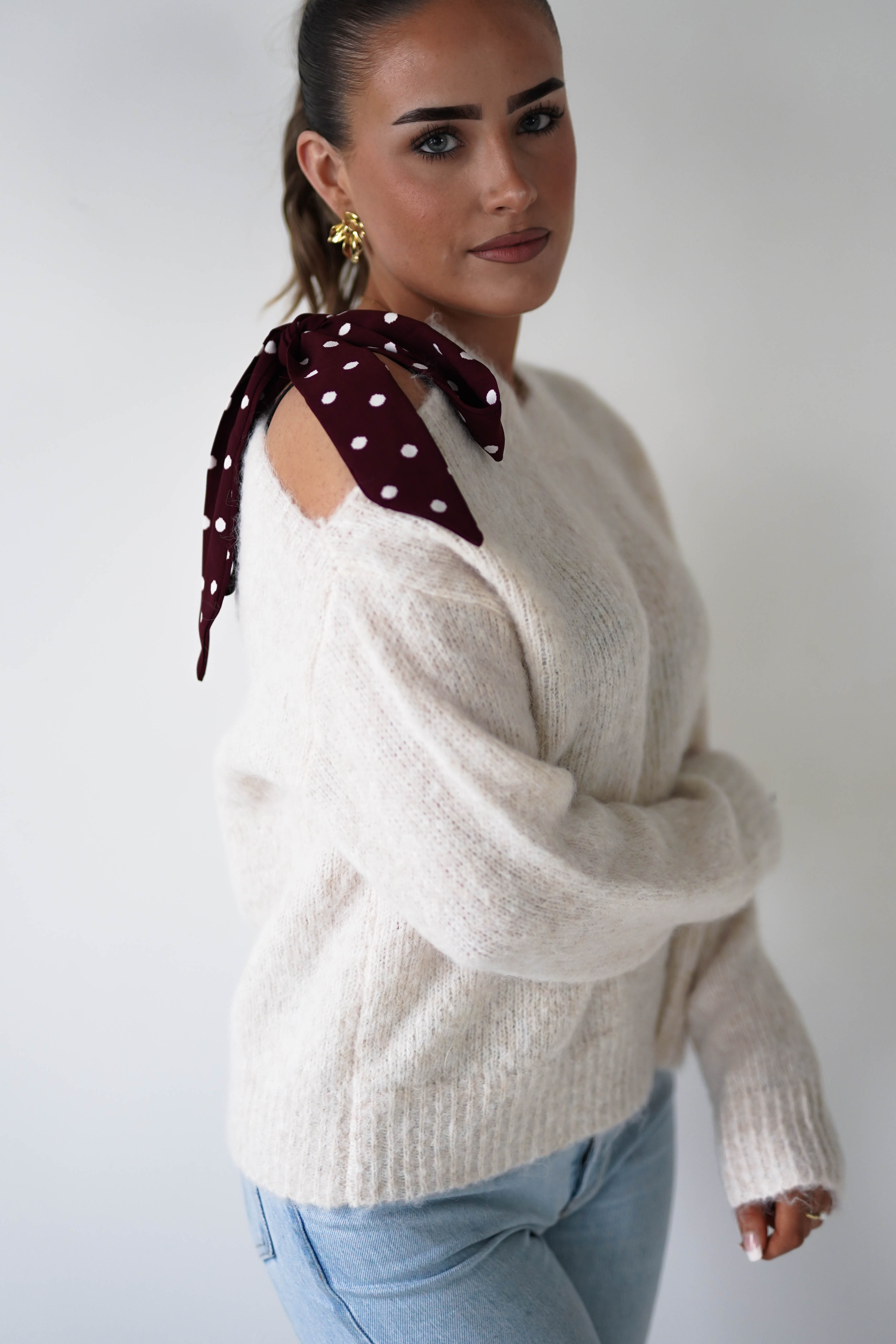 Oh Hello Clothing Women > Clothing > Knitwear ONE SIZE (6/12) 1*DONE-GRACIELA-PU6378 beige and BURGUNDY polka dot Detail Knit Jumper