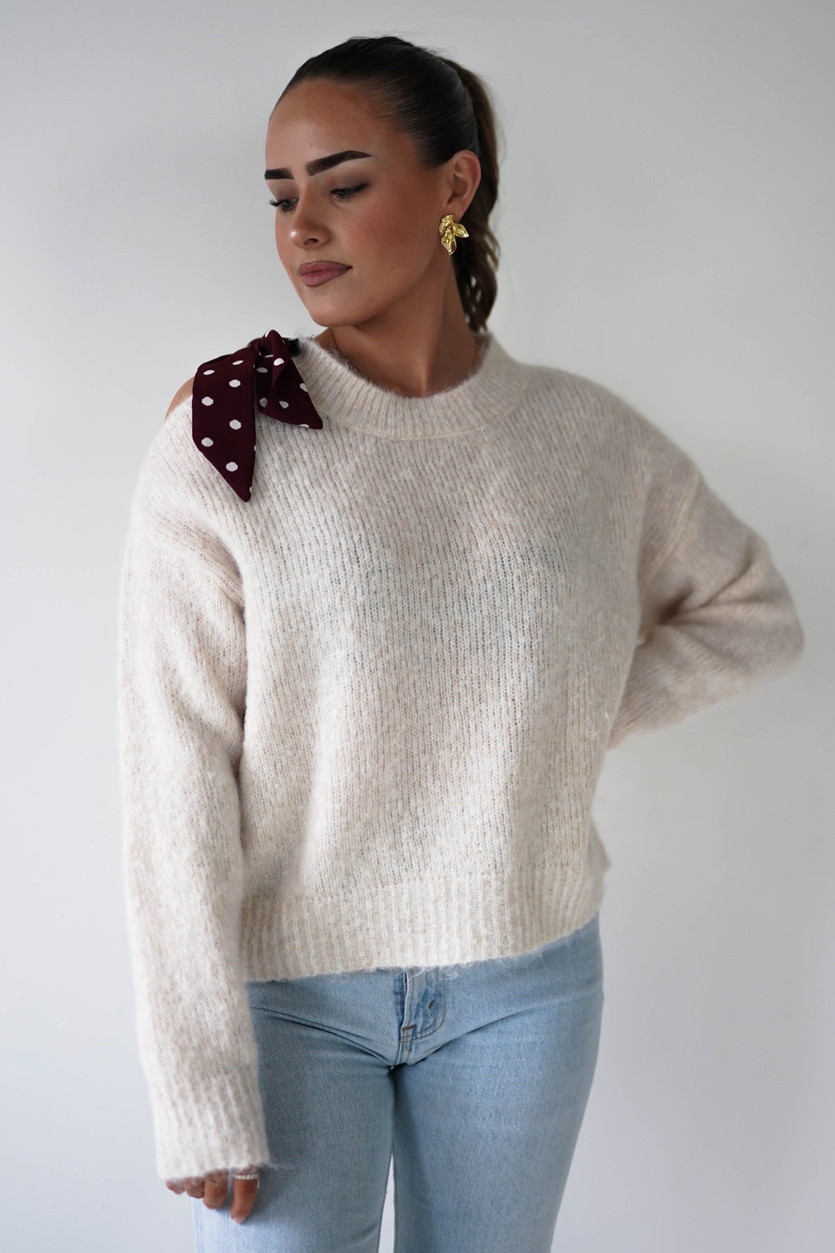 Oh Hello Clothing Women > Clothing > Knitwear ONE SIZE (6/12) 1*DONE-GRACIELA-PU6378 beige and BURGUNDY polka dot Detail Knit Jumper