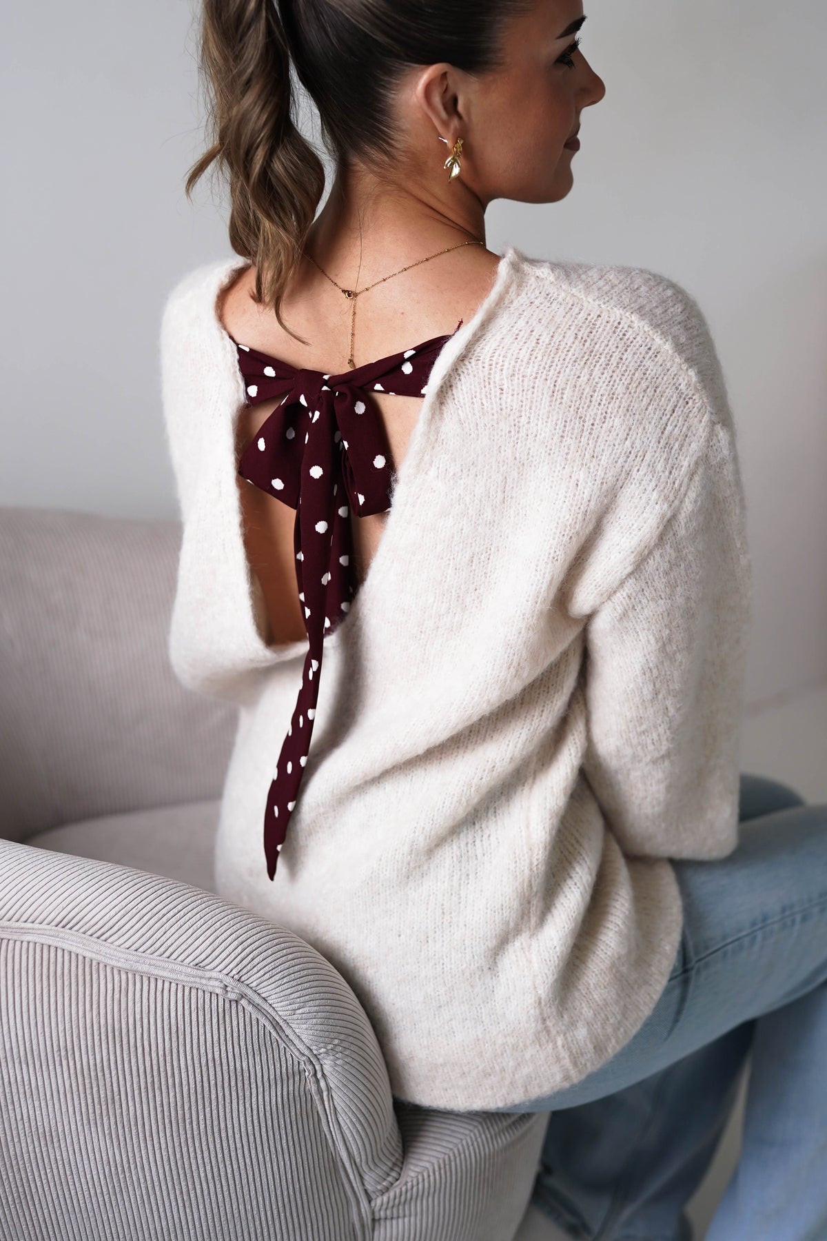 Oh Hello Clothing Women > Clothing > Knitwear ONE SIZE (6/12) 1*DONE-GRACIELA-PU6384- Polka Dot Bow Back Knit Jumper -beige