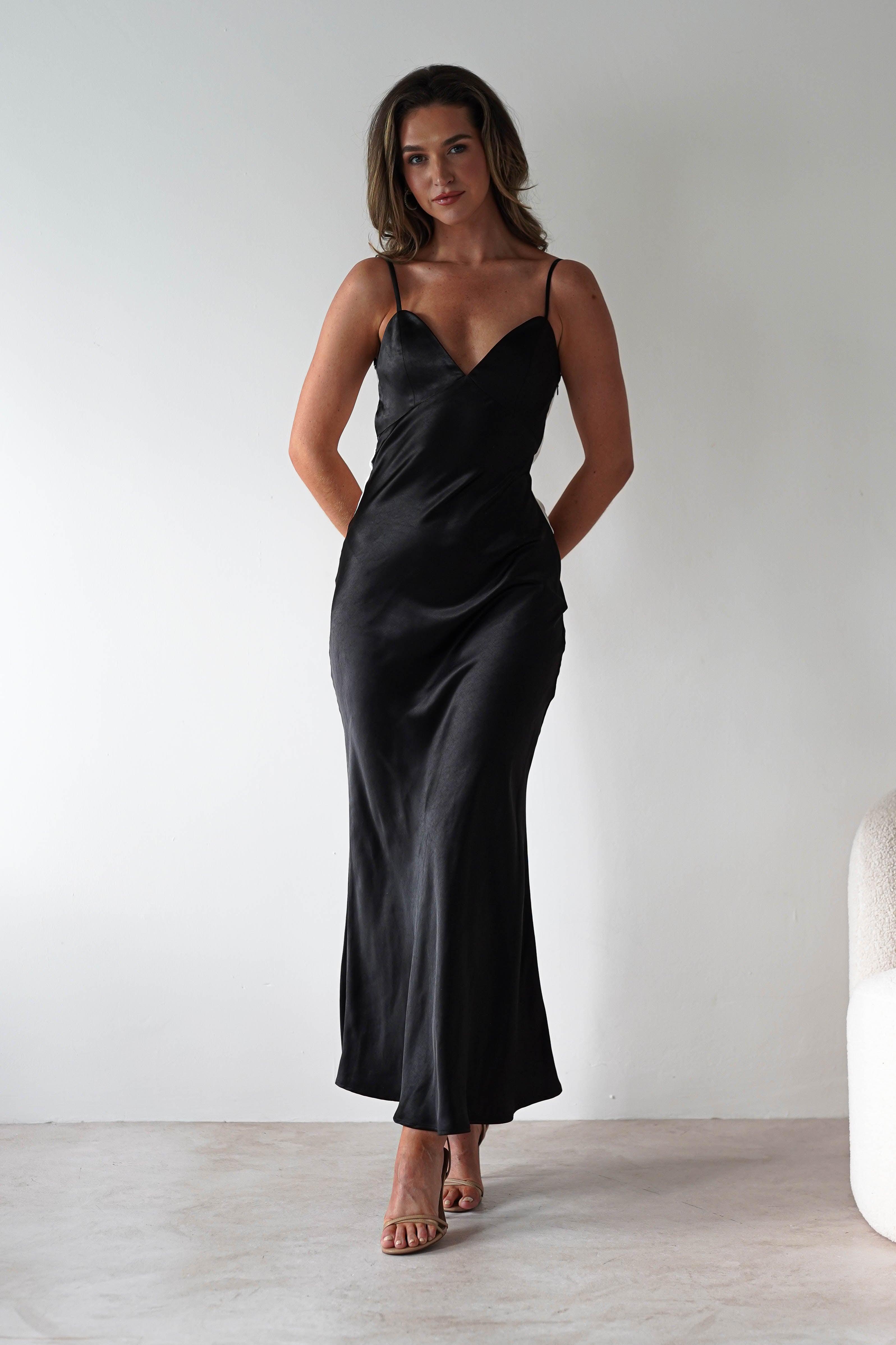 Hermie Silky Satin Maxi Dress Black/White | Black Tie Evening Dress | Maxi | Satin | Oh Hello Clothing