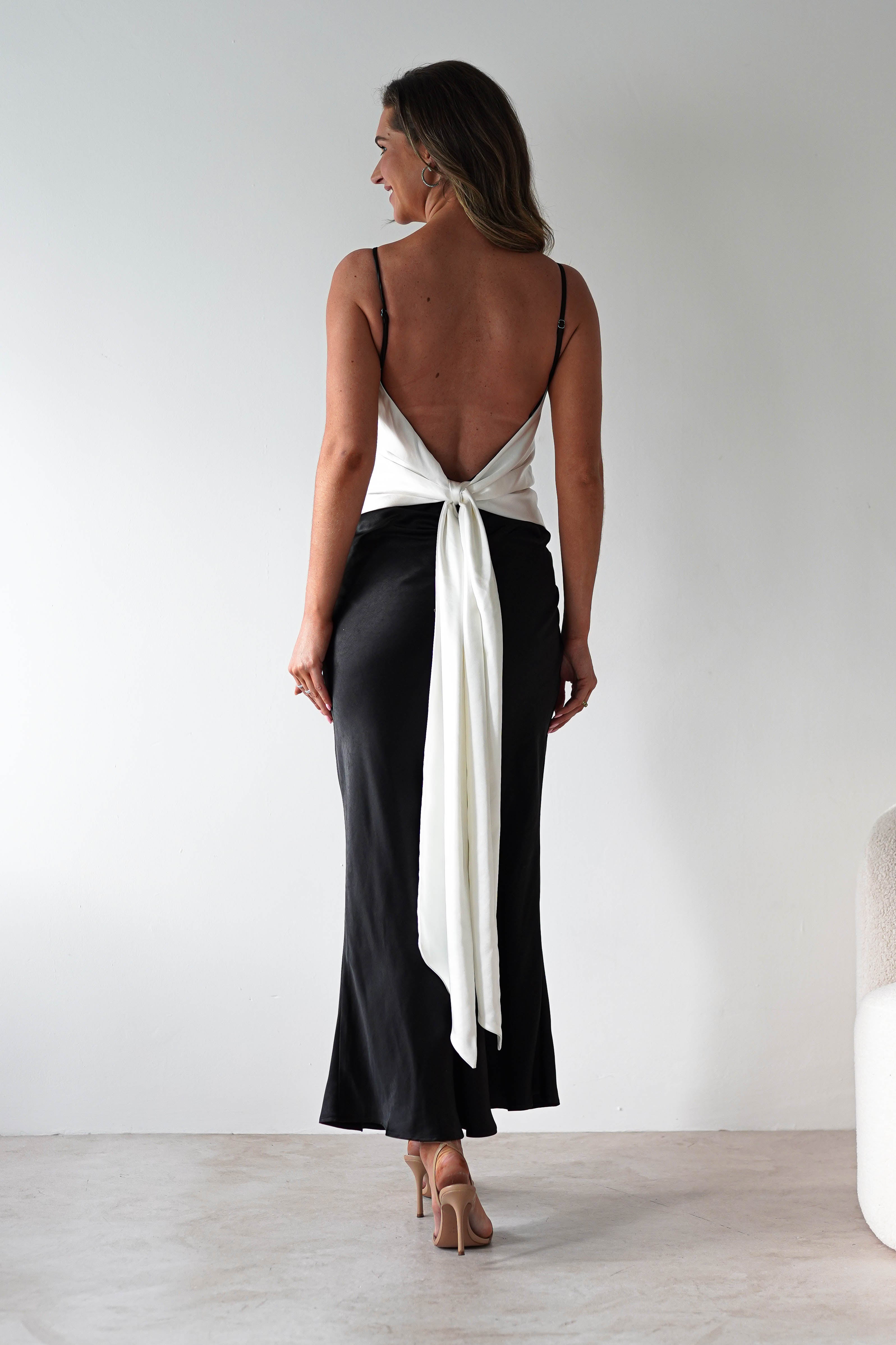 Hermie Silky Satin Maxi Dress Black/White | Black Tie Evening Dress | Maxi | Satin | Oh Hello Clothing