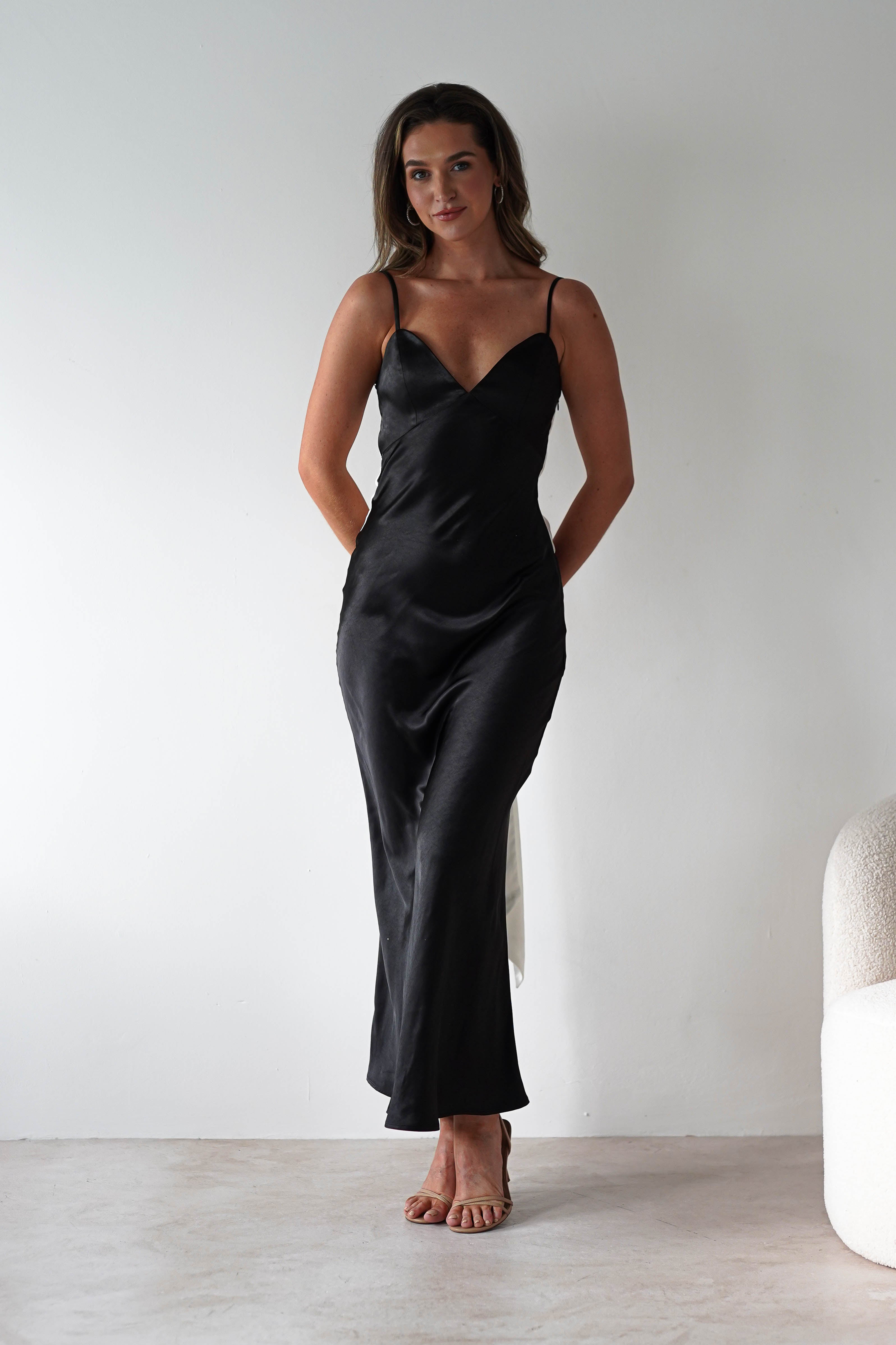 Hermie Silky Satin Maxi Dress Black/White | Black Tie Evening Dress | Maxi | Satin | Oh Hello Clothing