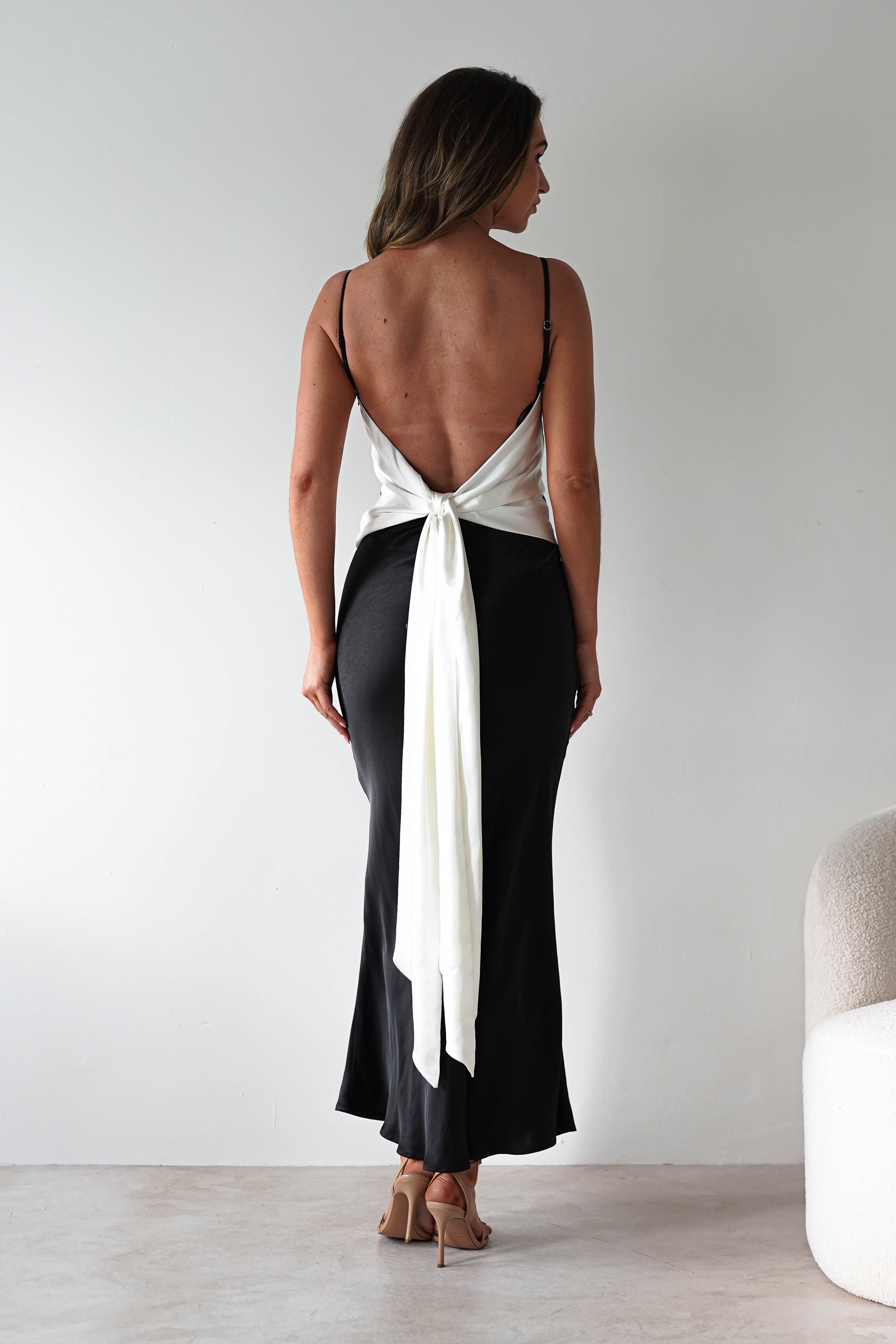 Hermie Silky Satin Maxi Dress Black/White | Black Tie Evening Dress | Maxi | Satin | Oh Hello Clothing