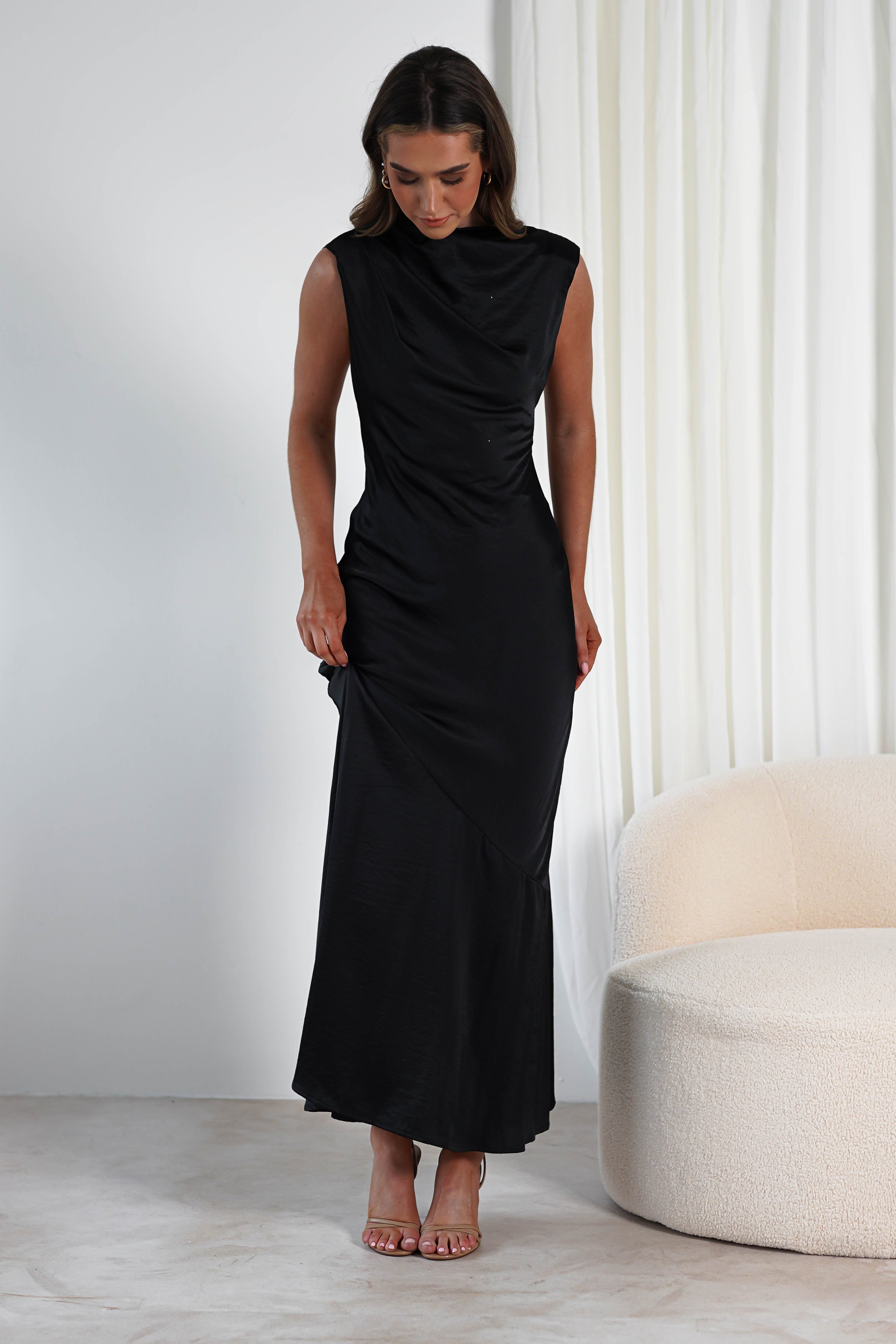 Avelina Soft Satin Maxi Dress Black | Black Tie Evening Dress | Maxi | Satin | Oh Hello Clothing