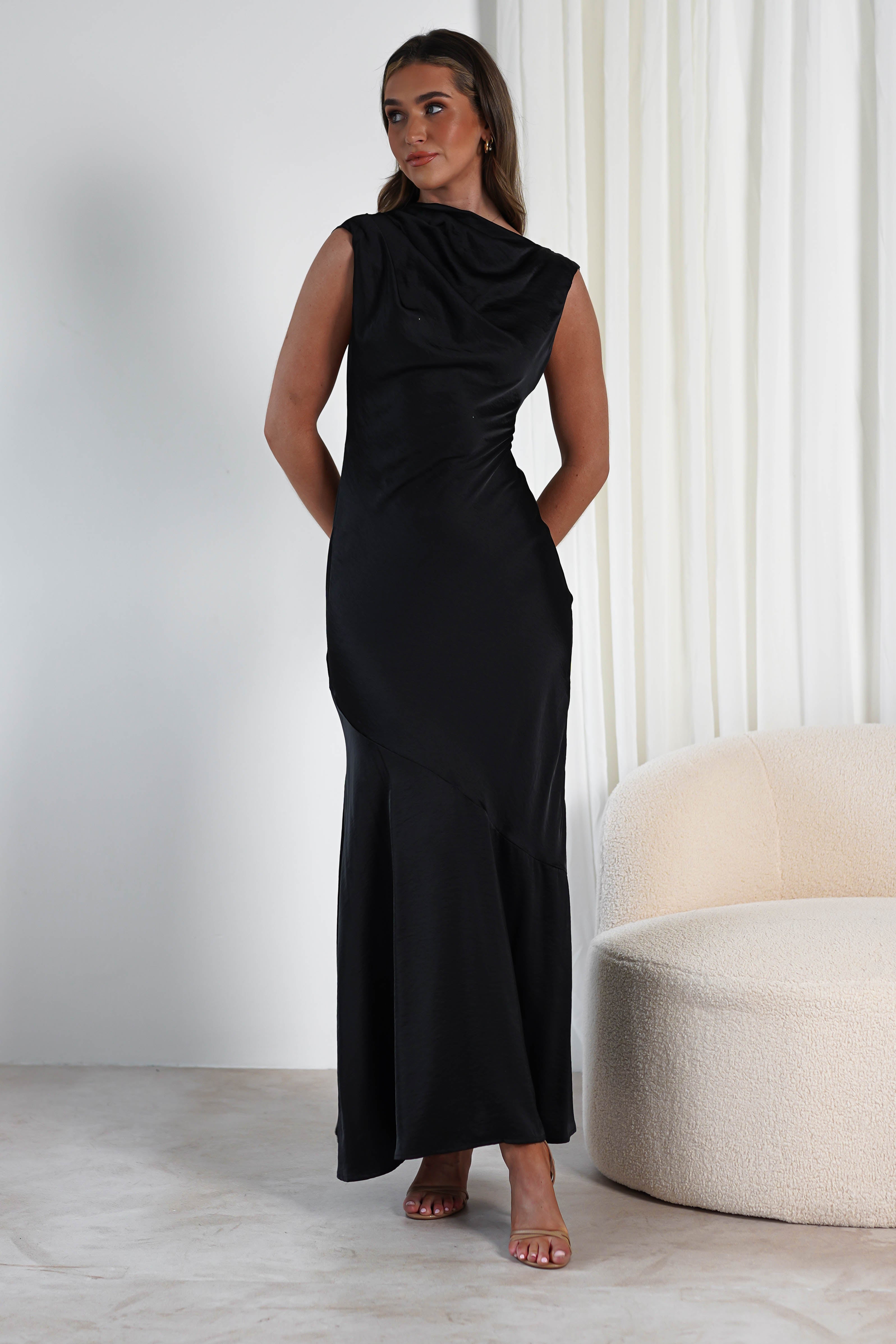 Avelina Soft Satin Maxi Dress Black | Black Tie Evening Dress | Maxi | Satin | Oh Hello Clothing