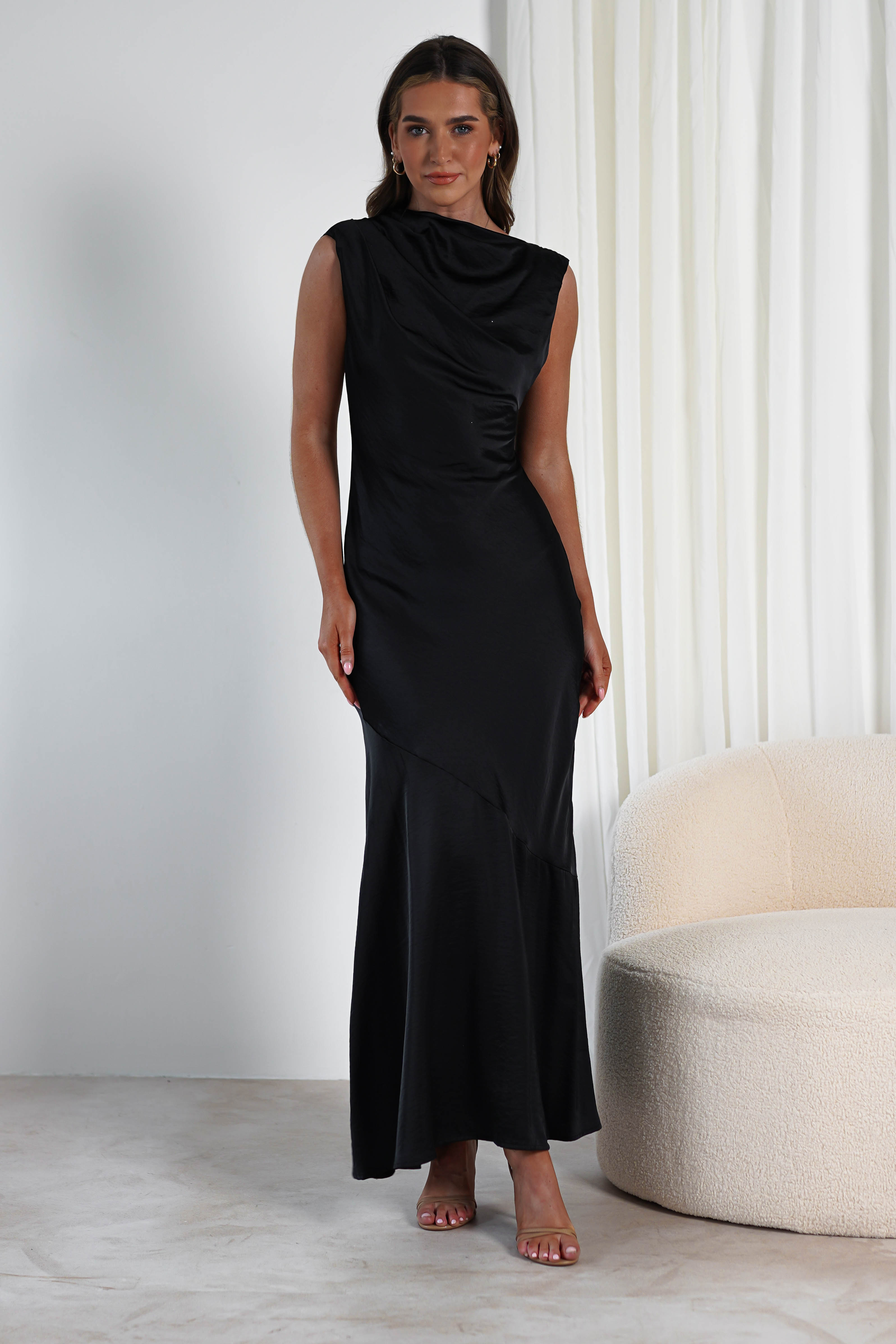 Avelina Soft Satin Maxi Dress Black | Black Tie Evening Dress | Maxi | Satin | Oh Hello Clothing