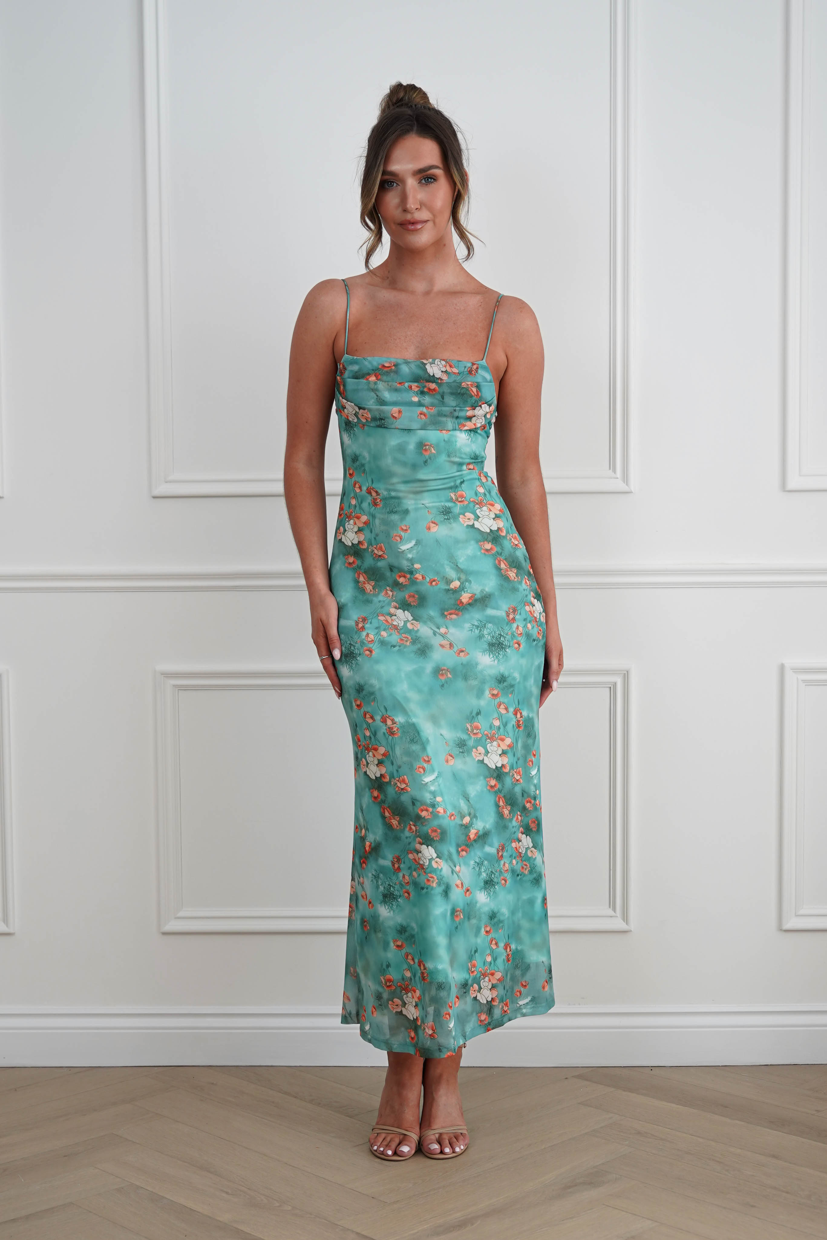 Oh Hello Clothing Women > Clothing > Dresses 1*DONE -INDIKAH-64531D05-Green Floral Cowl Neck Slip Midi Dress