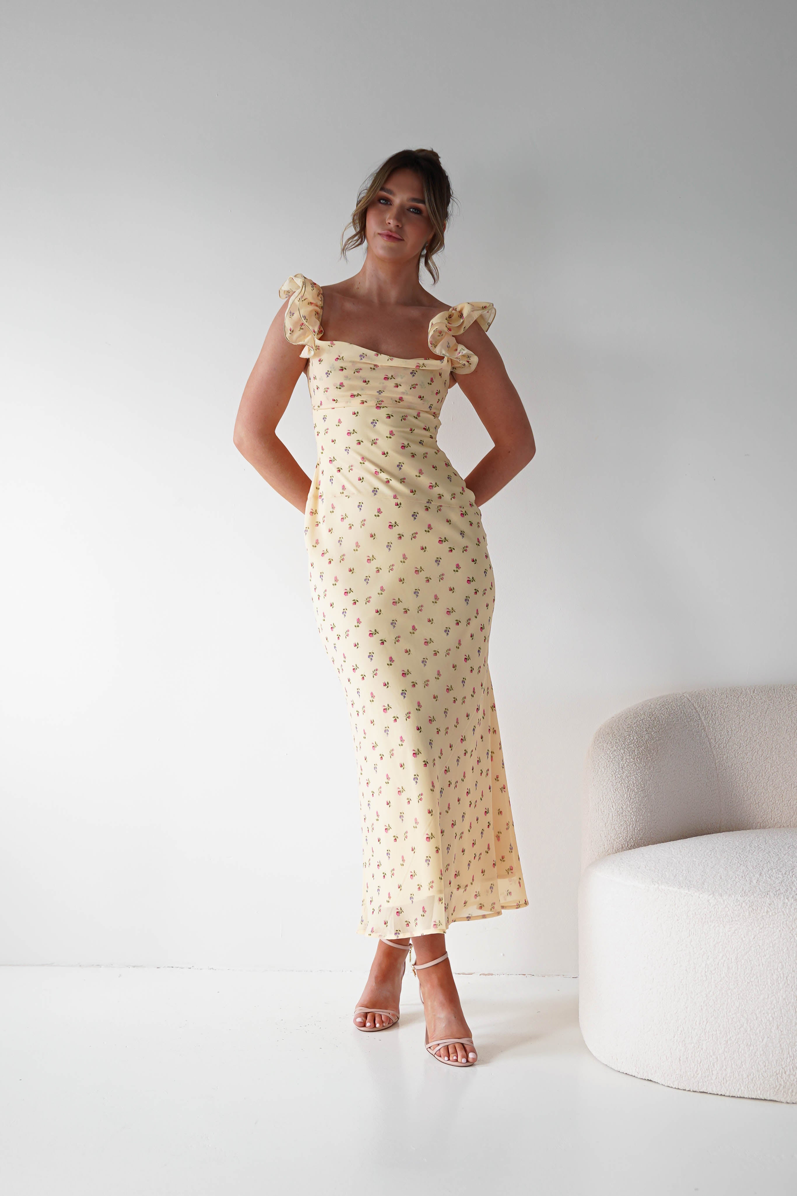 Oh Hello Clothing Women > Clothing > Dresses 1*DONE -INDIKAH-CM6688F- Butter Yellow Floral Ruffle Maxi Dress