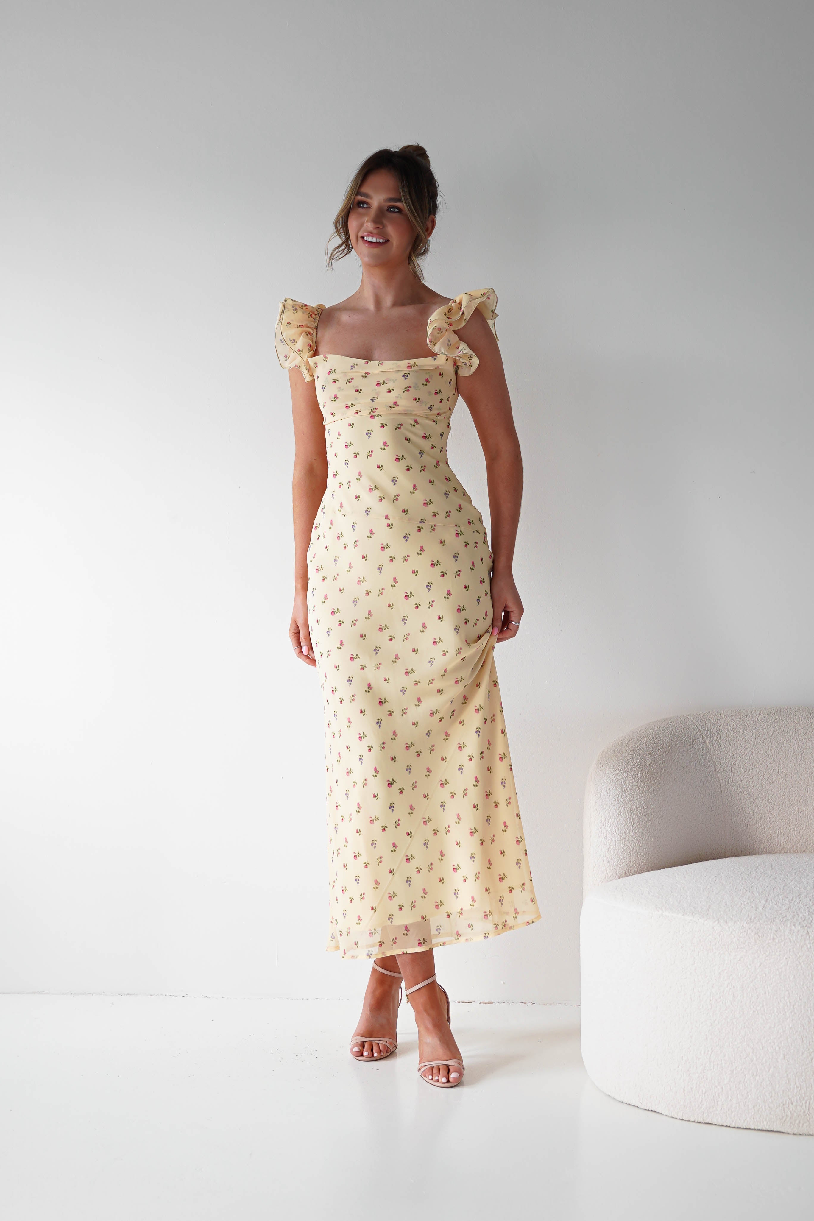 Oh Hello Clothing Women > Clothing > Dresses 1*DONE -INDIKAH-CM6688F- Butter Yellow Floral Ruffle Maxi Dress