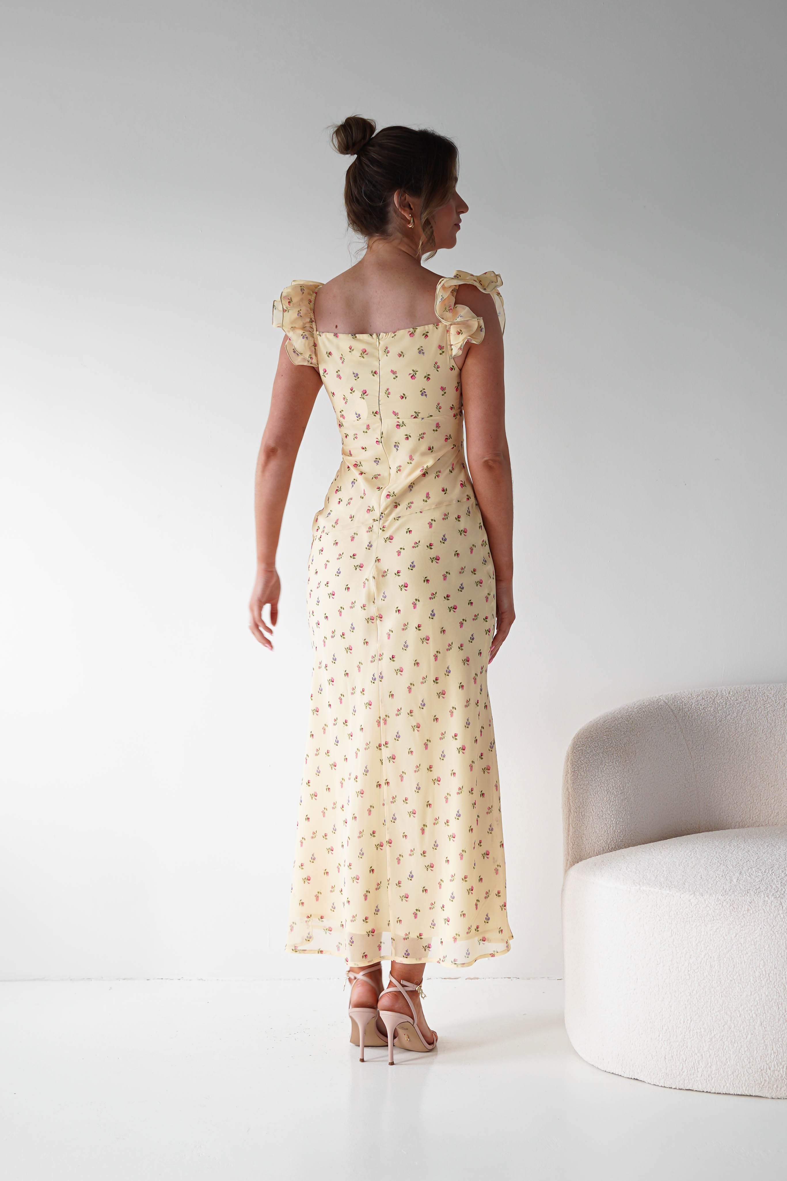 Oh Hello Clothing Women > Clothing > Dresses 1*DONE -INDIKAH-CM6688F- Butter Yellow Floral Ruffle Maxi Dress