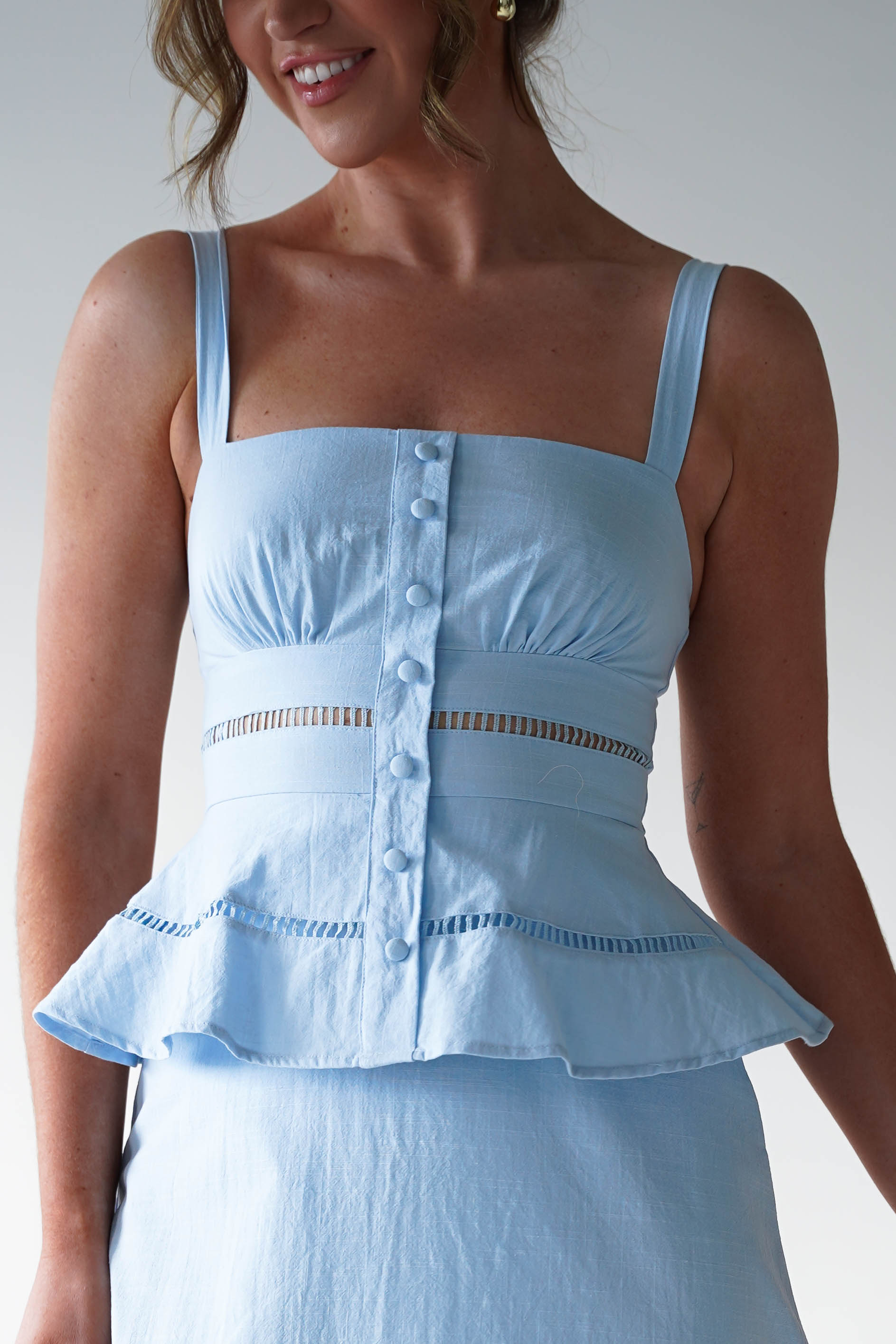 Oh Hello Clothing Women > Clothing > Dresses 1*DONE -INDIKAH-CM6696F- BLUE MIDI DRESS WITH PEPLUM DETAIL