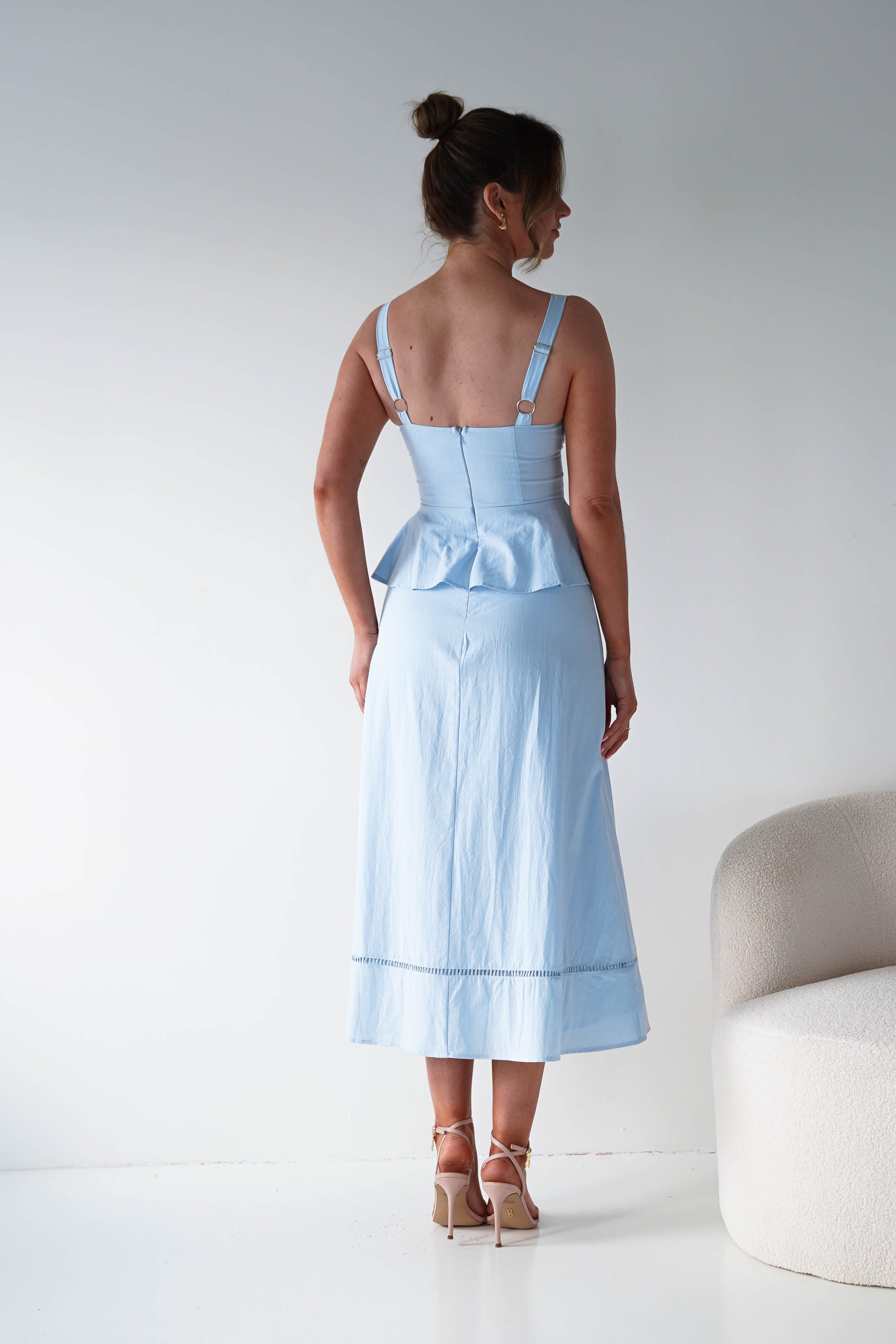 Oh Hello Clothing Women > Clothing > Dresses 1*DONE -INDIKAH-CM6696F- BLUE MIDI DRESS WITH PEPLUM DETAIL