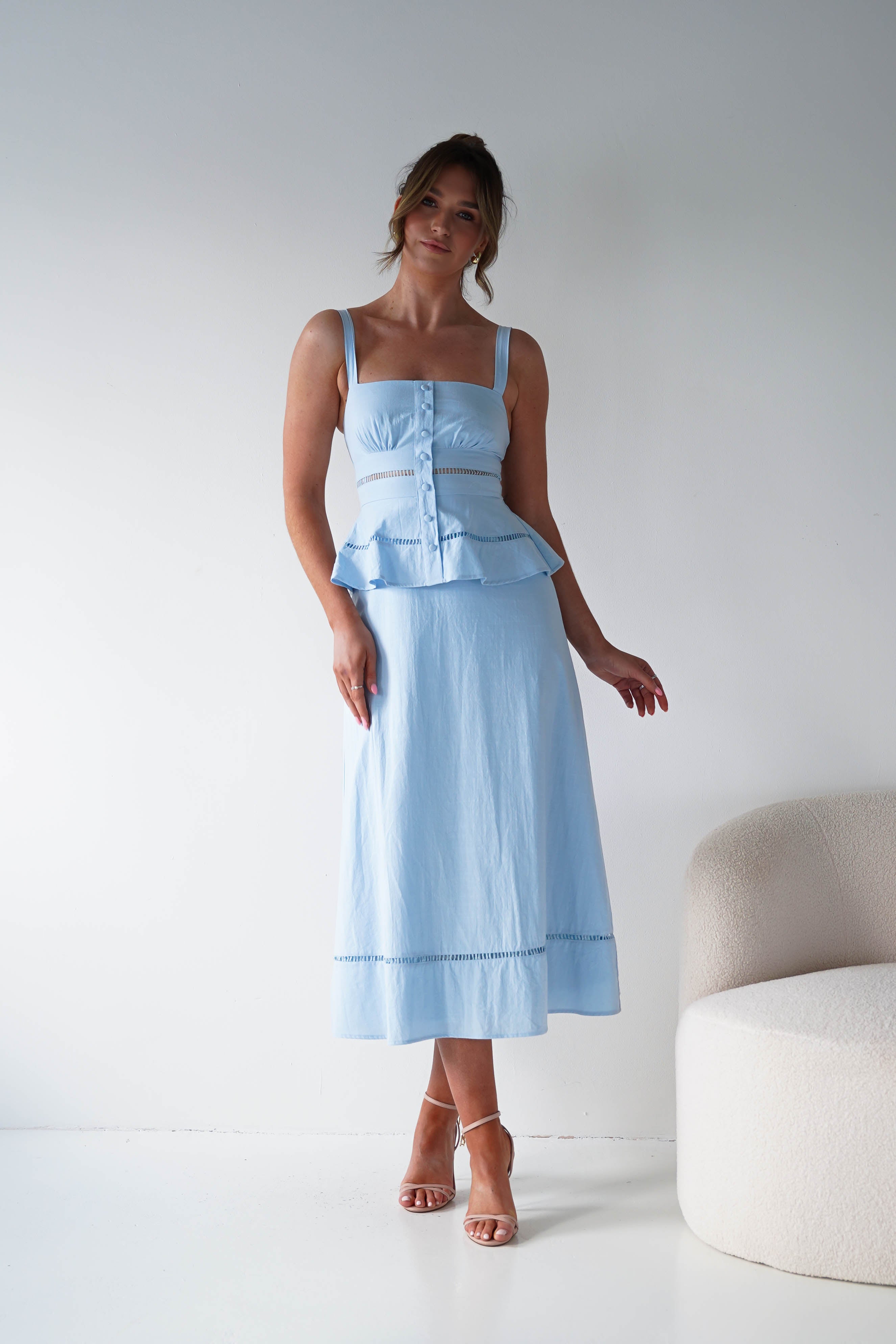 Oh Hello Clothing Women > Clothing > Dresses 1*DONE -INDIKAH-CM6696F- BLUE MIDI DRESS WITH PEPLUM DETAIL