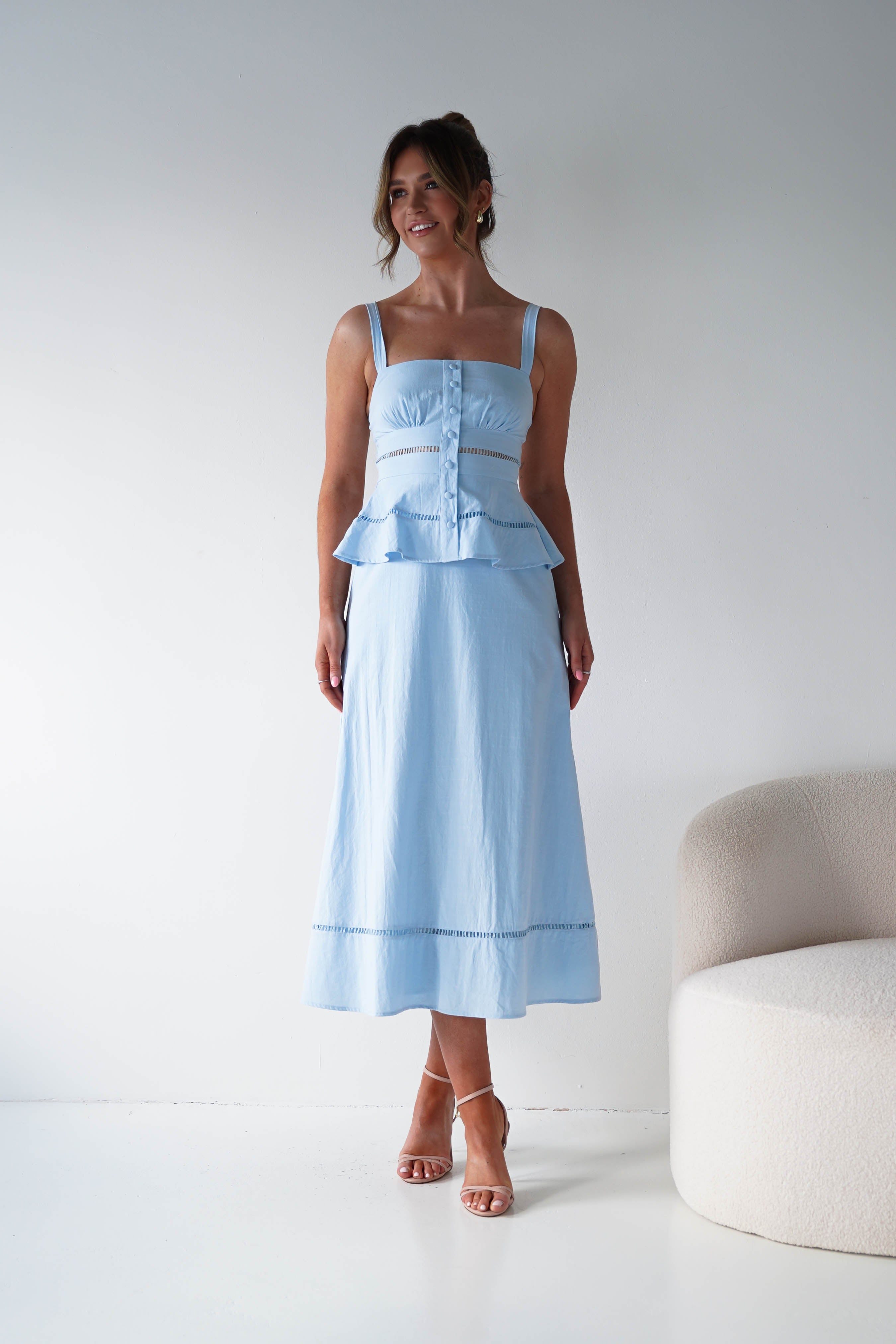 Oh Hello Clothing Women > Clothing > Dresses 1*DONE -INDIKAH-CM6696F- BLUE MIDI DRESS WITH PEPLUM DETAIL