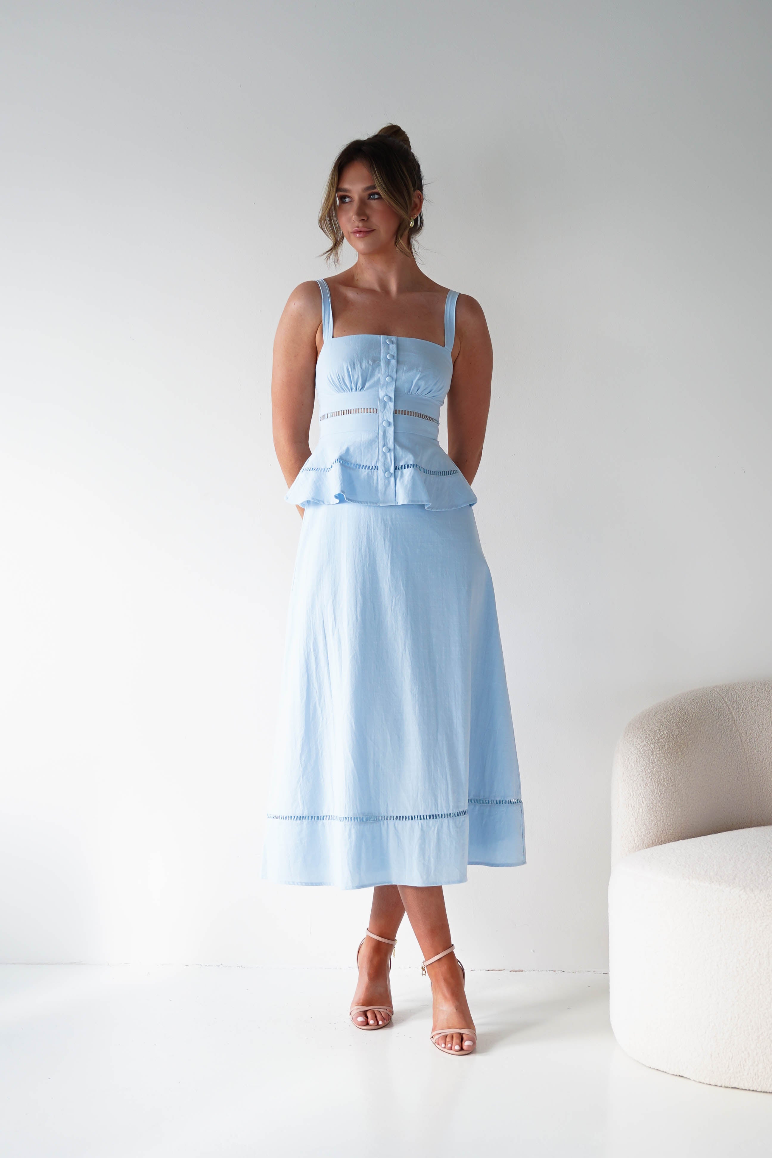 Oh Hello Clothing Women > Clothing > Dresses 1*DONE -INDIKAH-CM6696F- BLUE MIDI DRESS WITH PEPLUM DETAIL