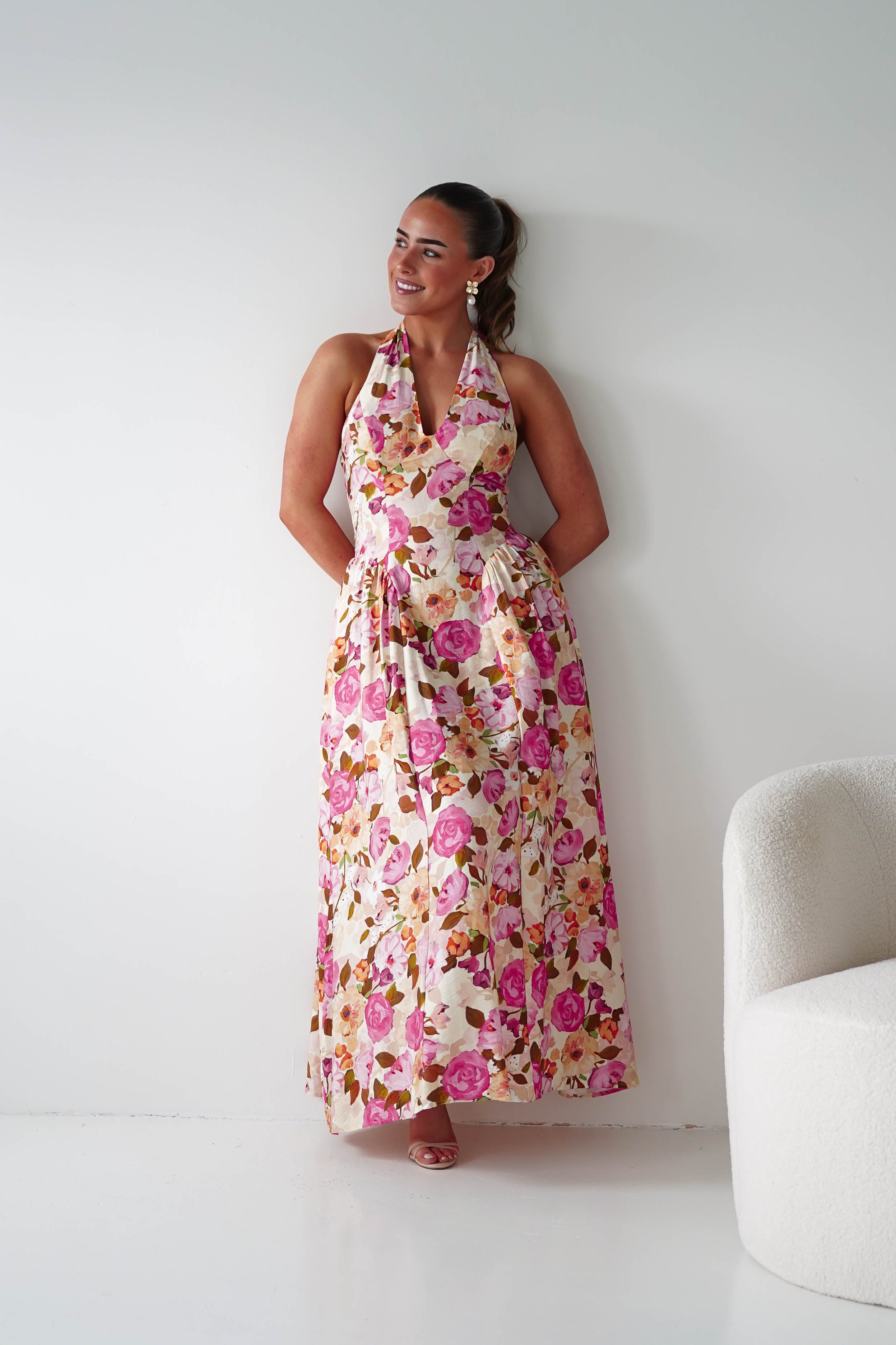 Oh Hello Clothing Women > Clothing > Dresses 1*DONE -INDIKAH-CM6714J-Blush & Rose Floral Halterneck Maxi Dress