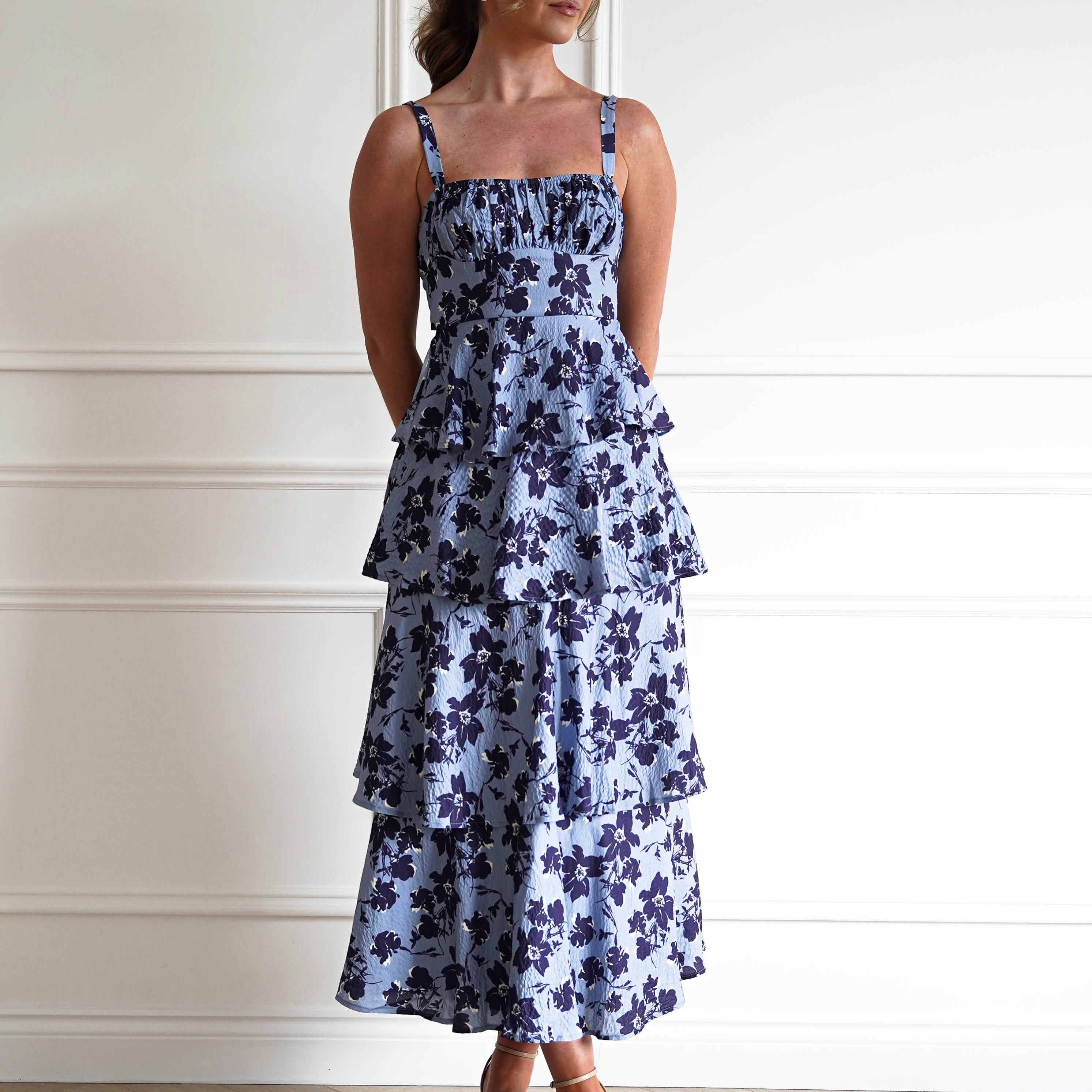 Oh Hello Clothing Women > Clothing > Dresses 1*DONE-INDIKAH-SR0841JK46- Blue Floral Tie Back Midi Dress