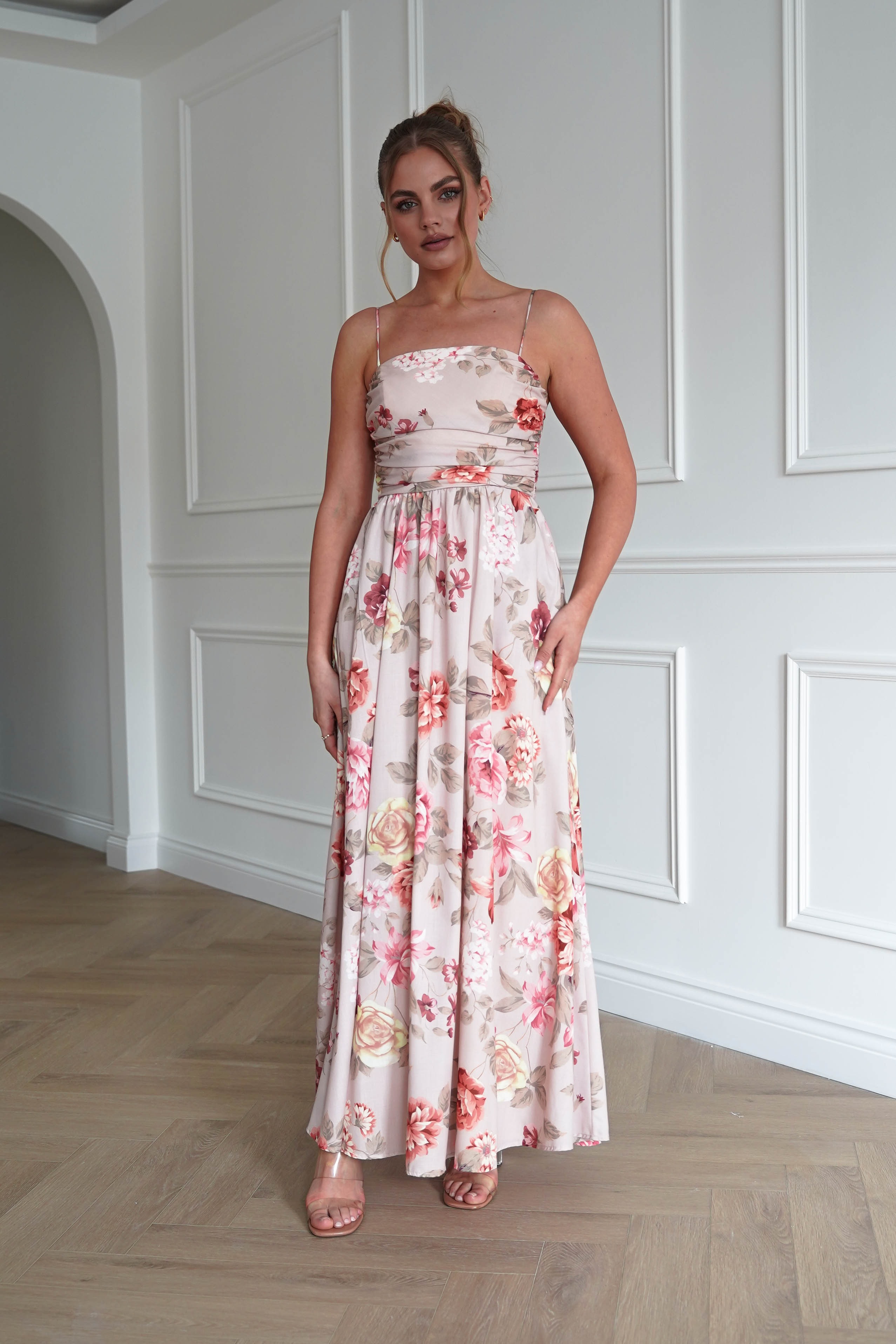 Oh Hello Clothing Dresses > Prom Dresses 1*DONE-INIDKAH-BR0498D- NUDE Floral Ruched Midi Dress