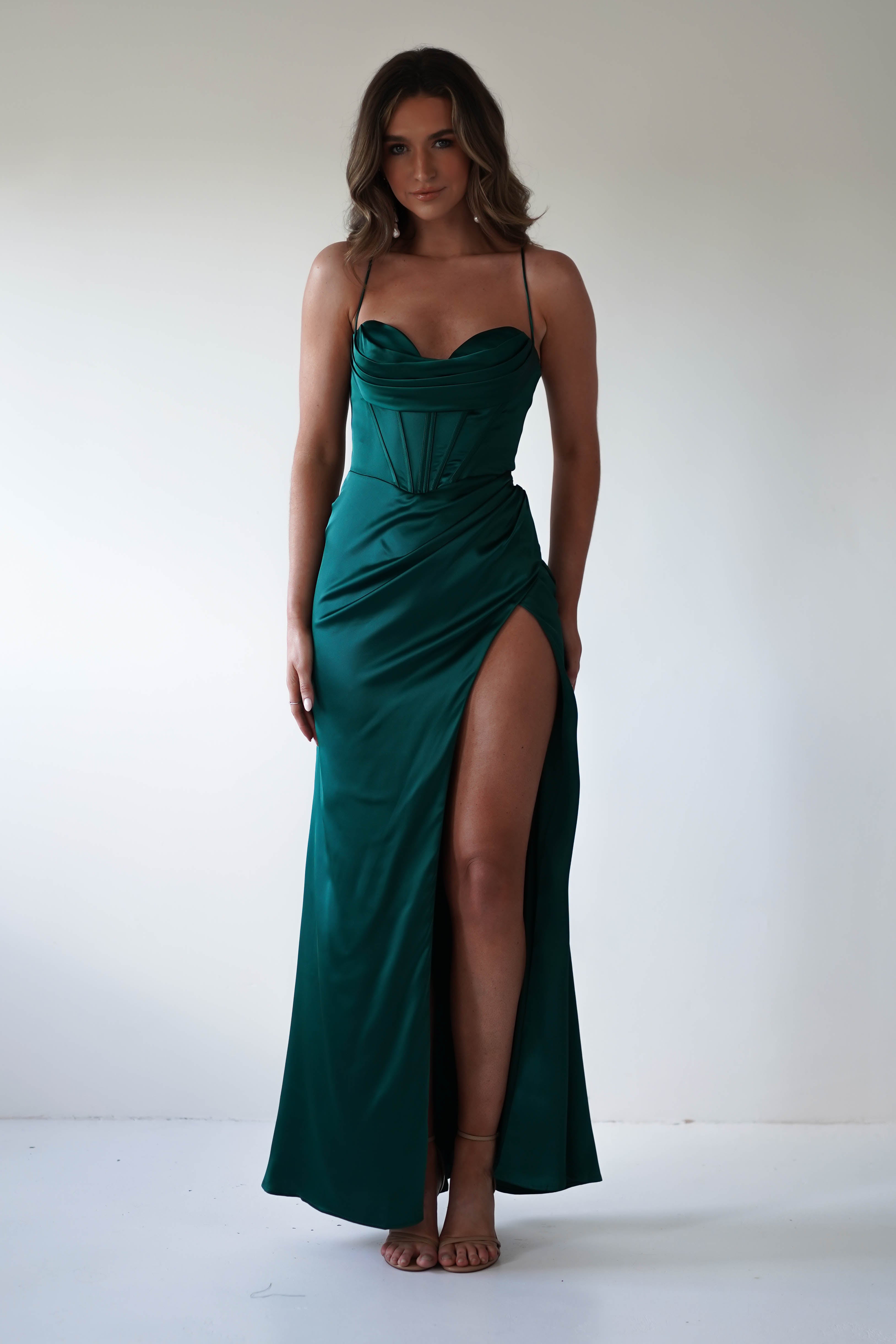 Julianne Corset Satin Gown | Emerald Green | Debs & Prom | Formal Gown | Oh Hello Clothing