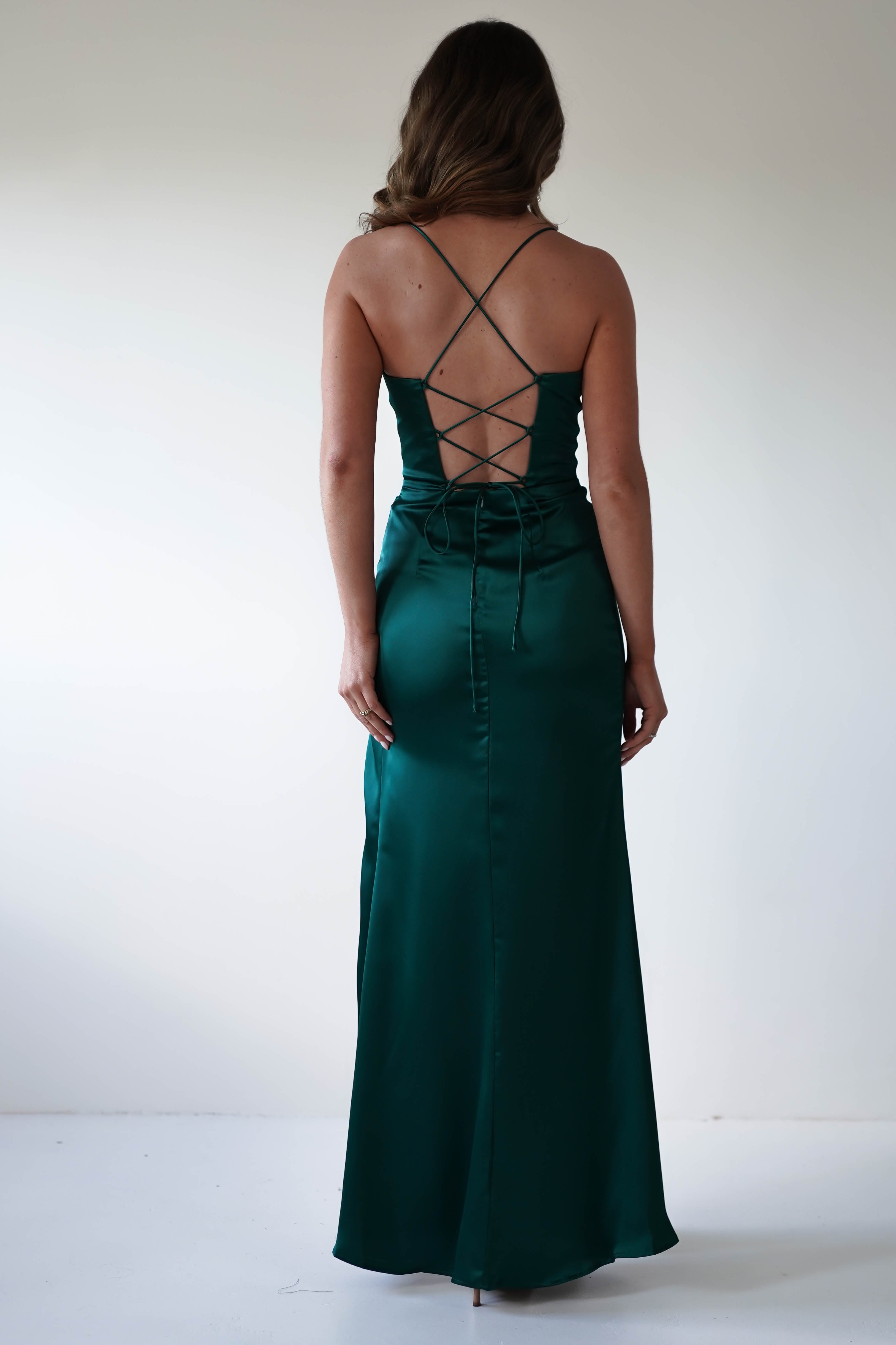 Julianne Corset Satin Gown | Emerald Green | Debs & Prom | Formal Gown | Oh Hello Clothing
