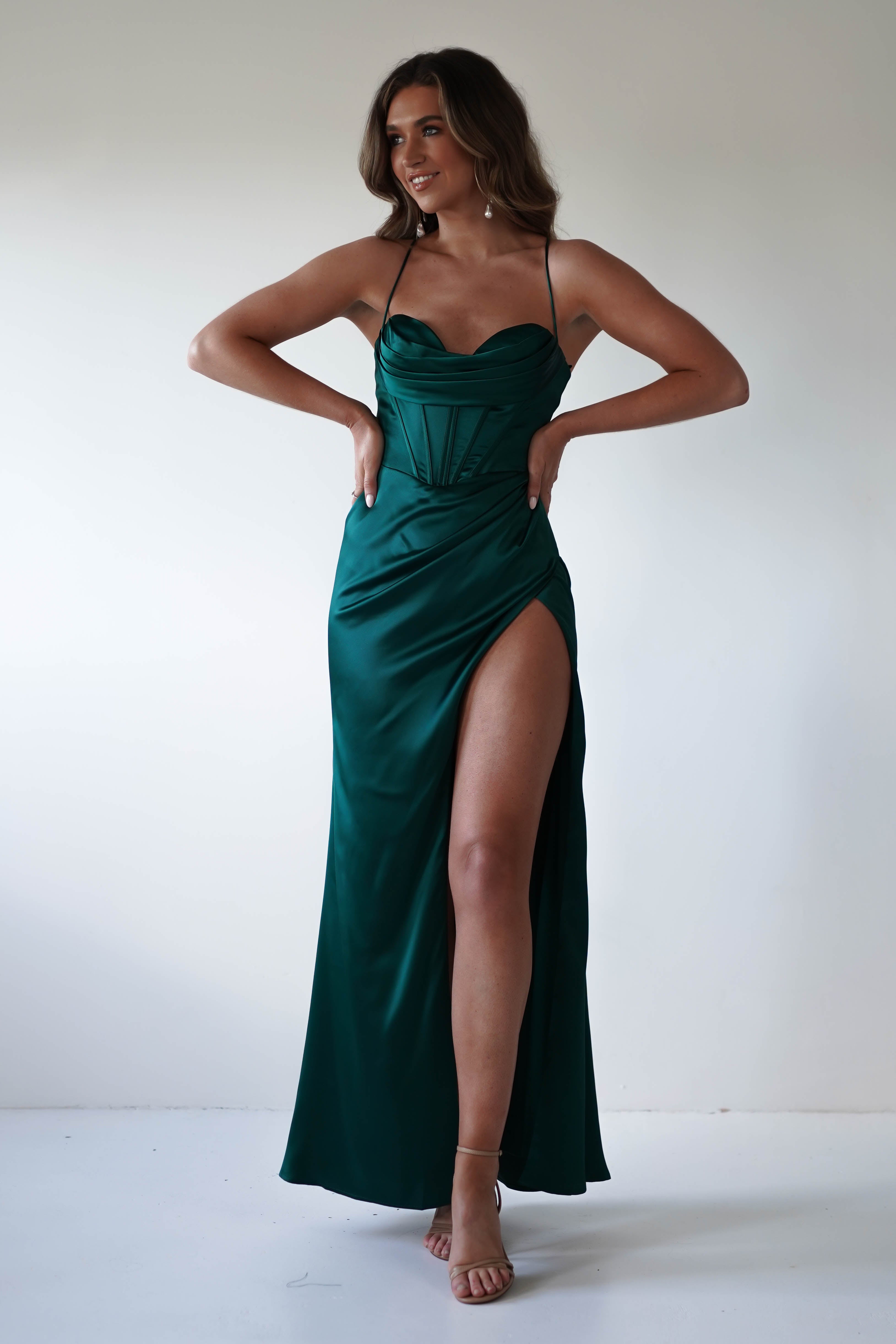 Julianne Corset Satin Gown | Emerald Green | Debs & Prom | Formal Gown | Oh Hello Clothing