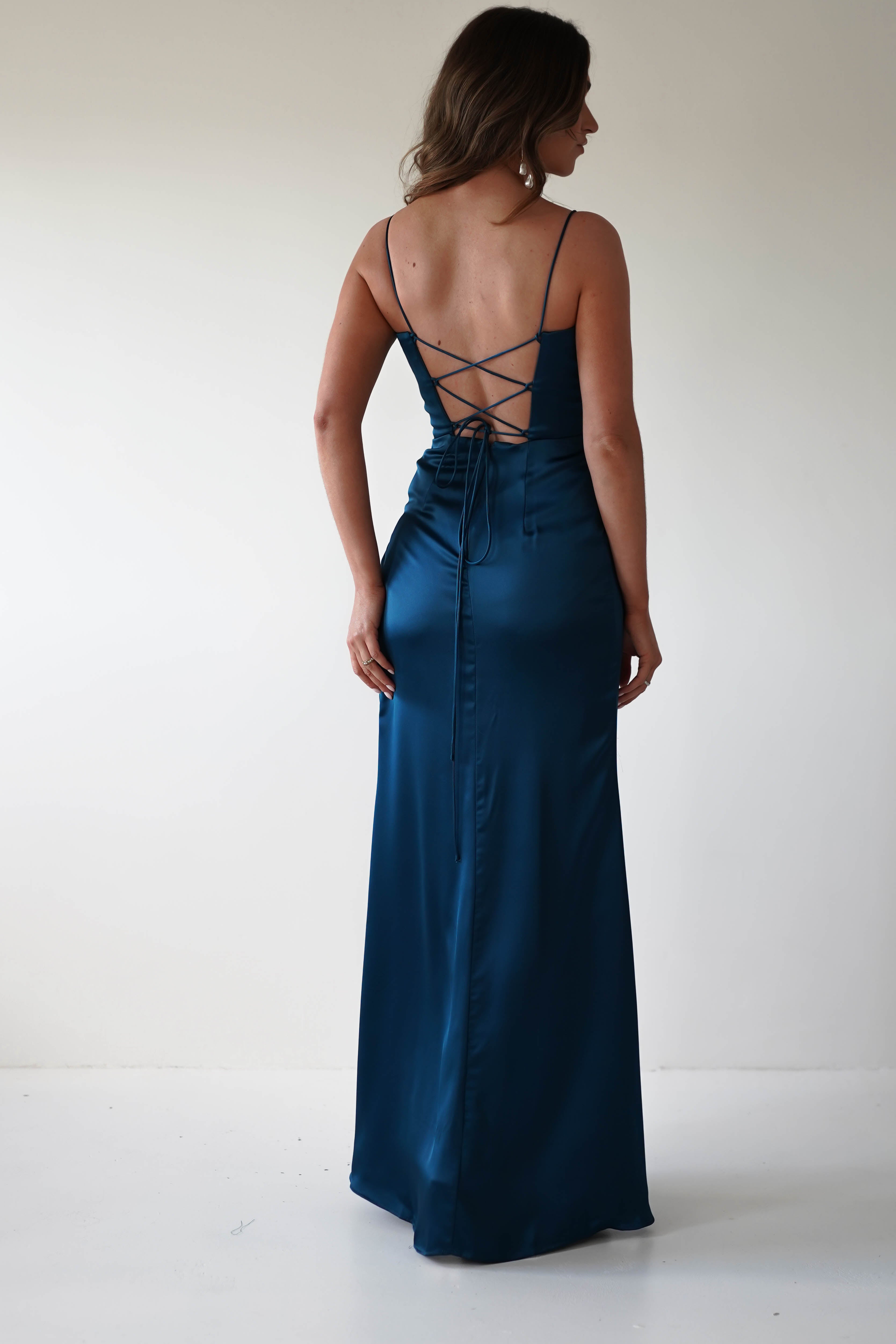 Julianne Corset Satin Gown | French Navy | Debs & Prom | Formal Gown | Oh Hello Clothing