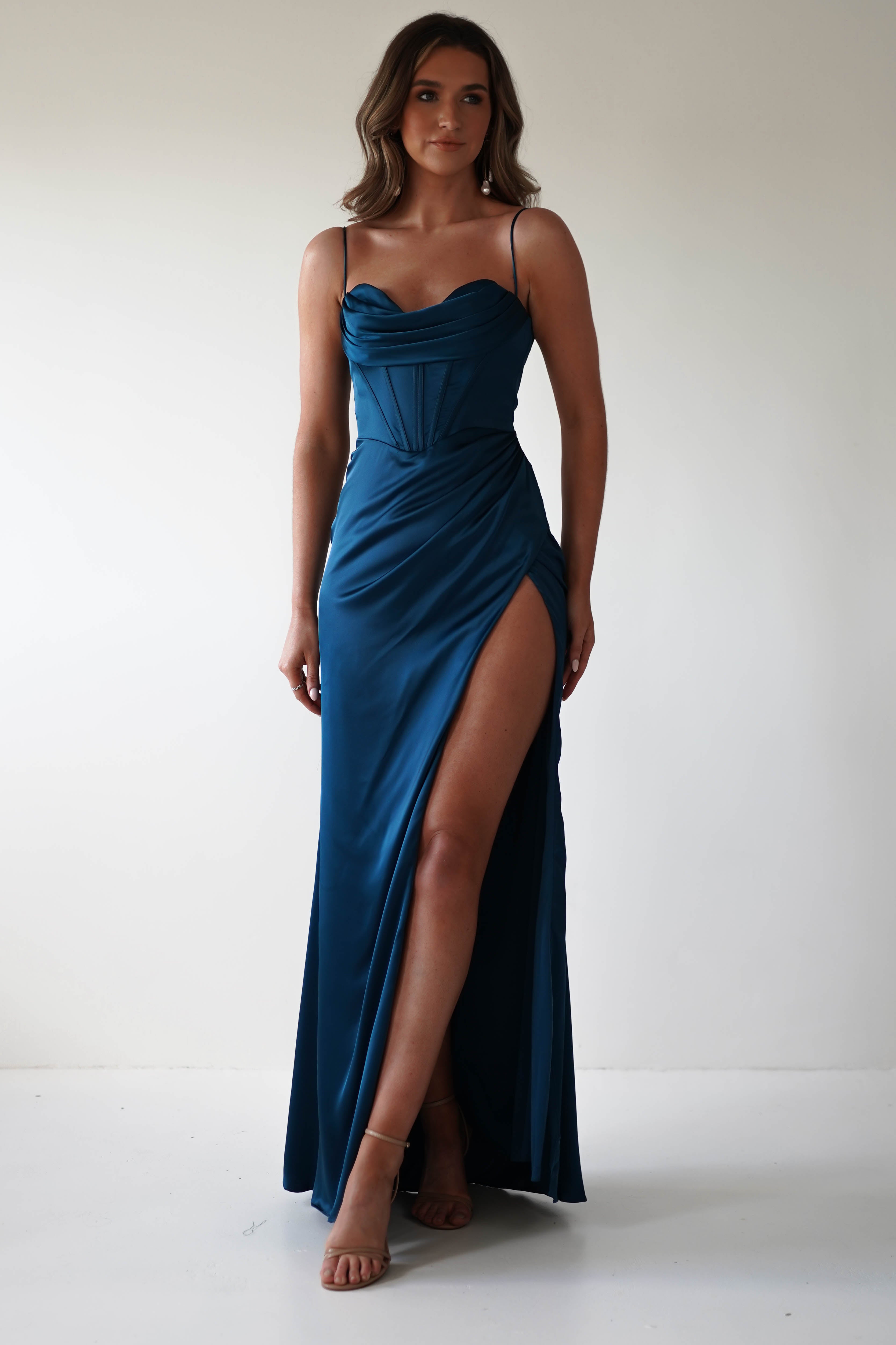 Julianne Corset Satin Gown | French Navy | Debs & Prom | Formal Gown | Oh Hello Clothing