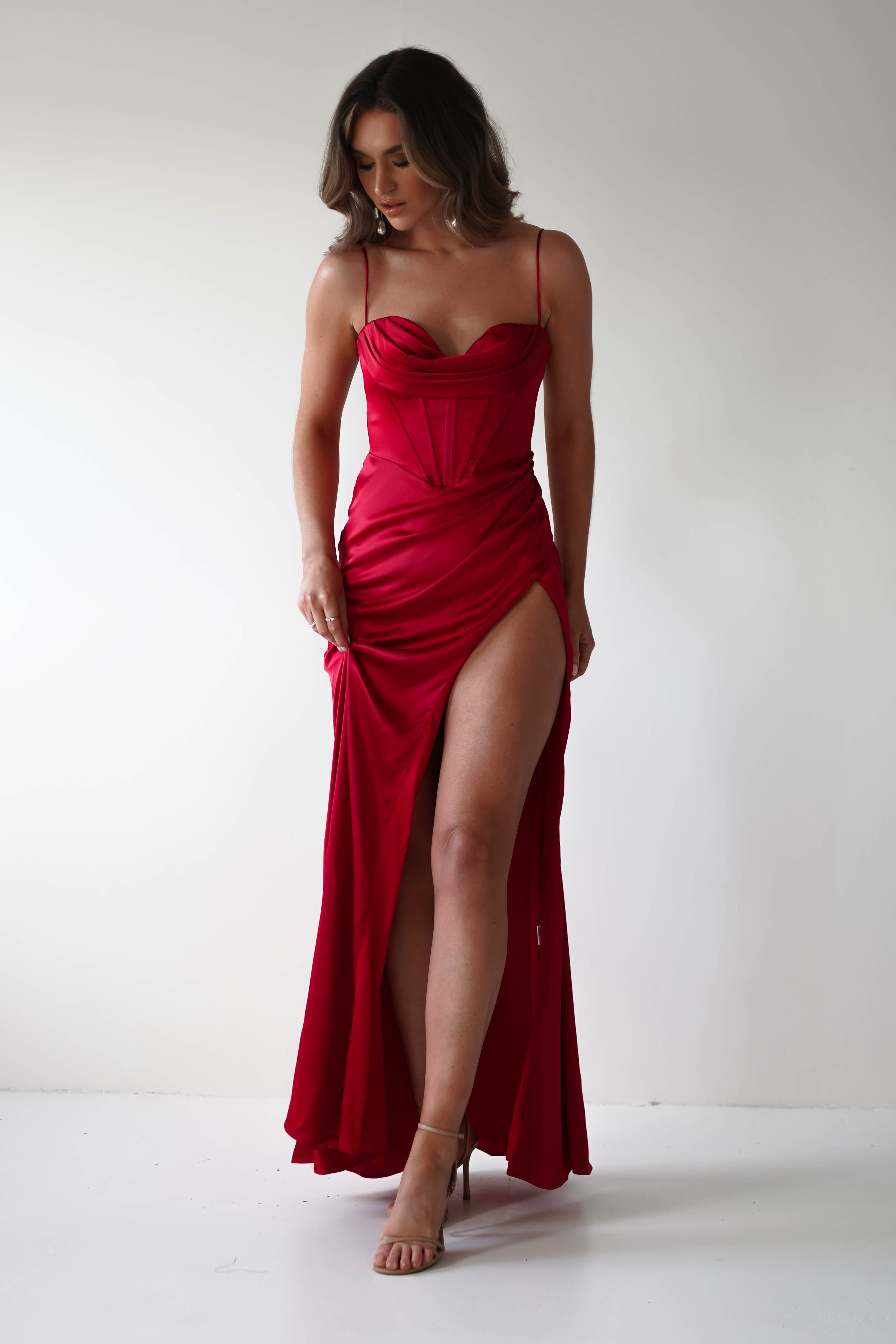 Julianne Corset Satin Gown | Red | Debs & Prom | Formal Gown | Oh Hello Clothing