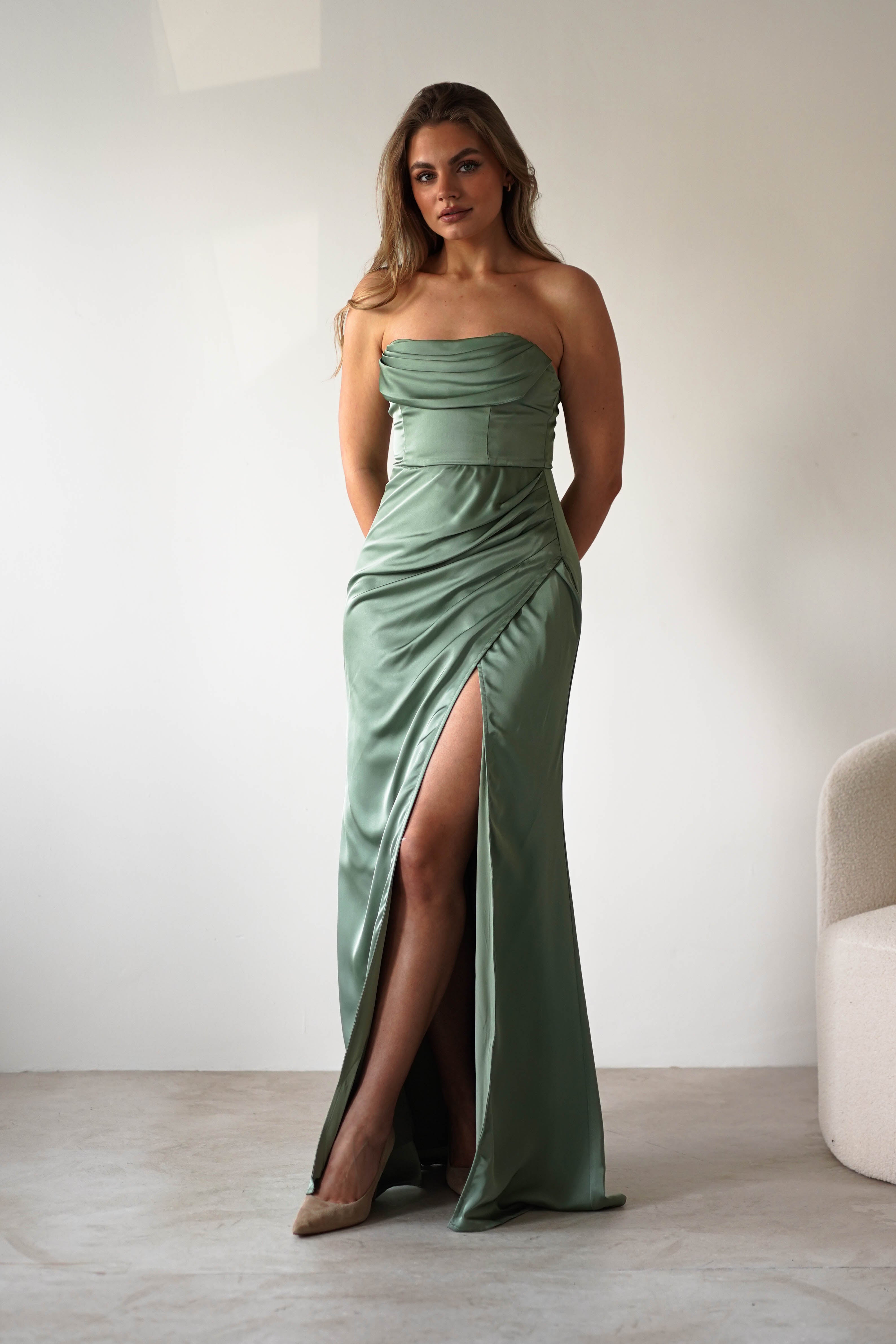 Alyce Soft Satin Strapless Gown | Olive | Debs & Prom | Formal Gown | Oh Hello Clothing