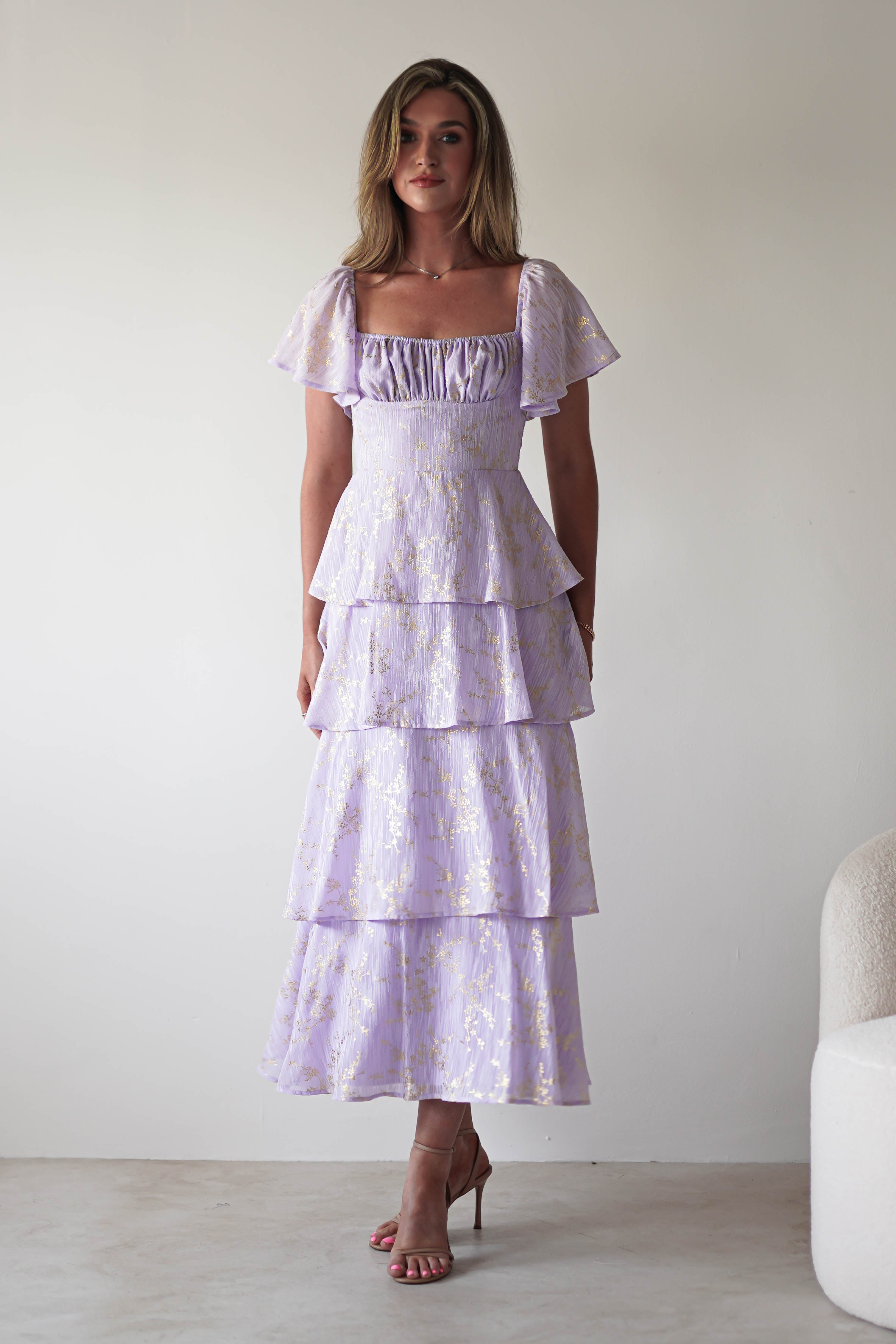 Mirielle Gold Detail Ruffle Maxi Dress Lilac | Wedding Guest Dress | Maxi | Oh Hello Clothing