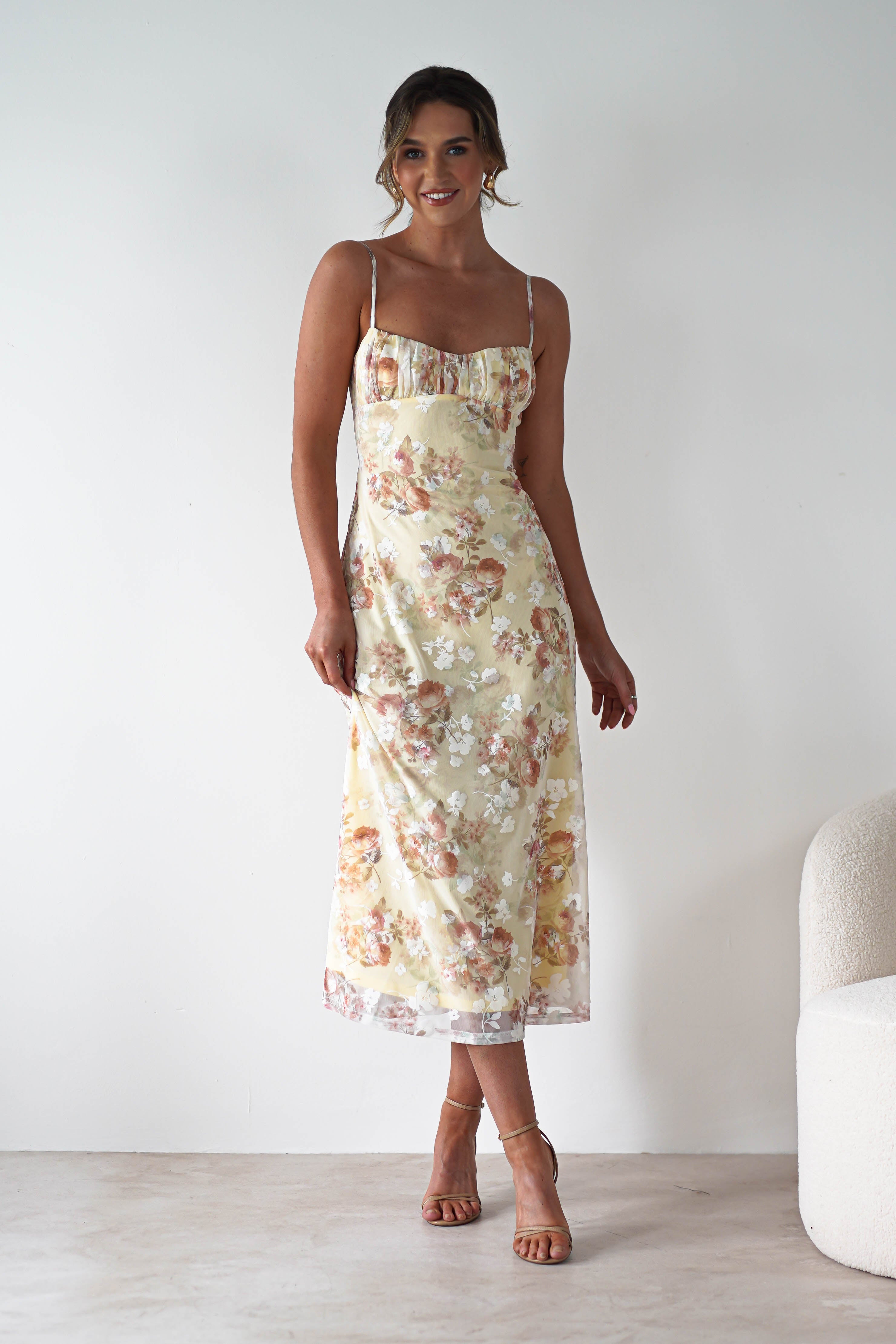 Annabelle Floral Print Midaxi Dress Yellow | Wedding Guest Dress | Oh Hello Clothing