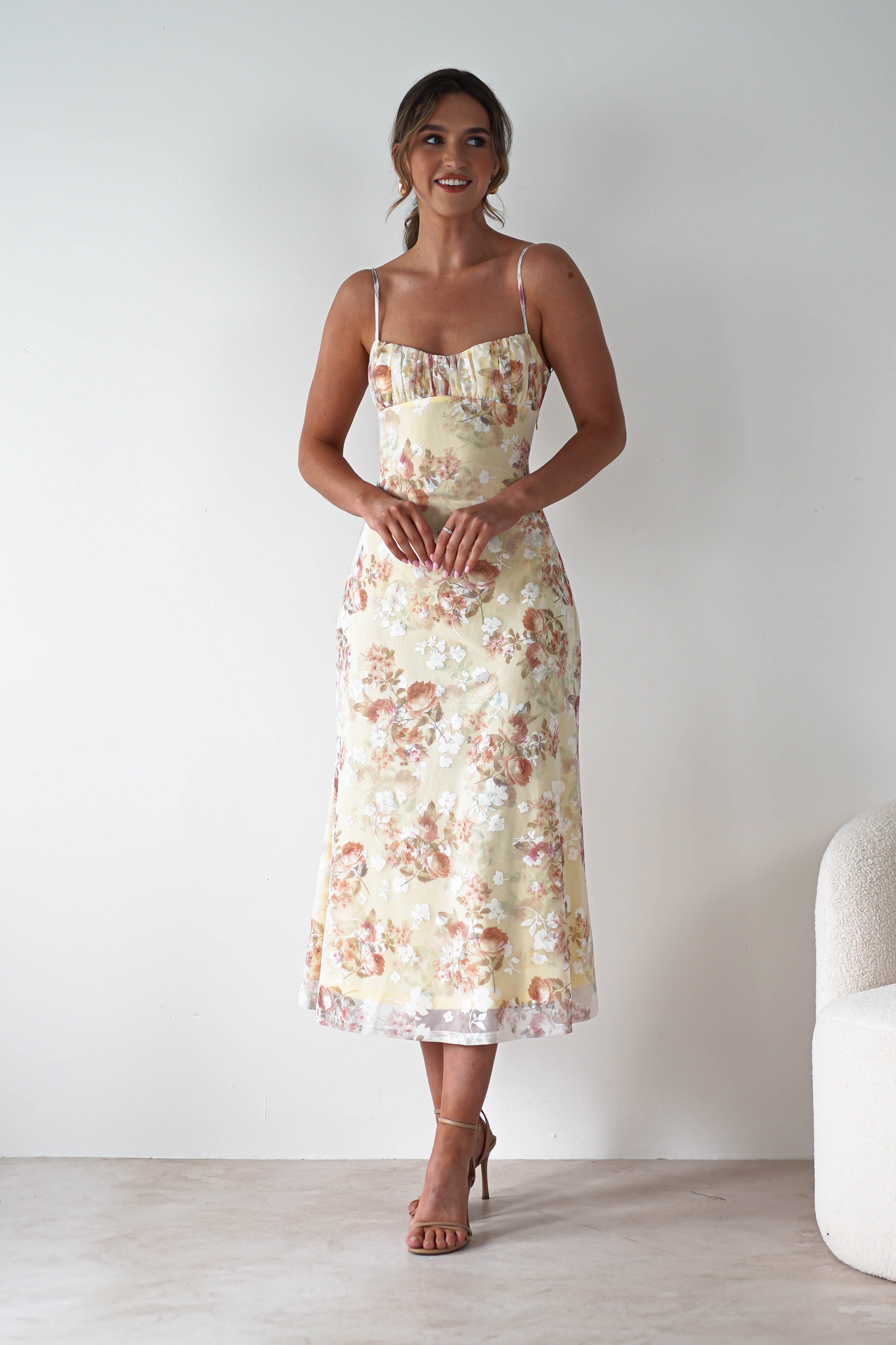 Annabelle Floral Print Midaxi Dress Yellow | Wedding Guest Dress | Oh Hello Clothing