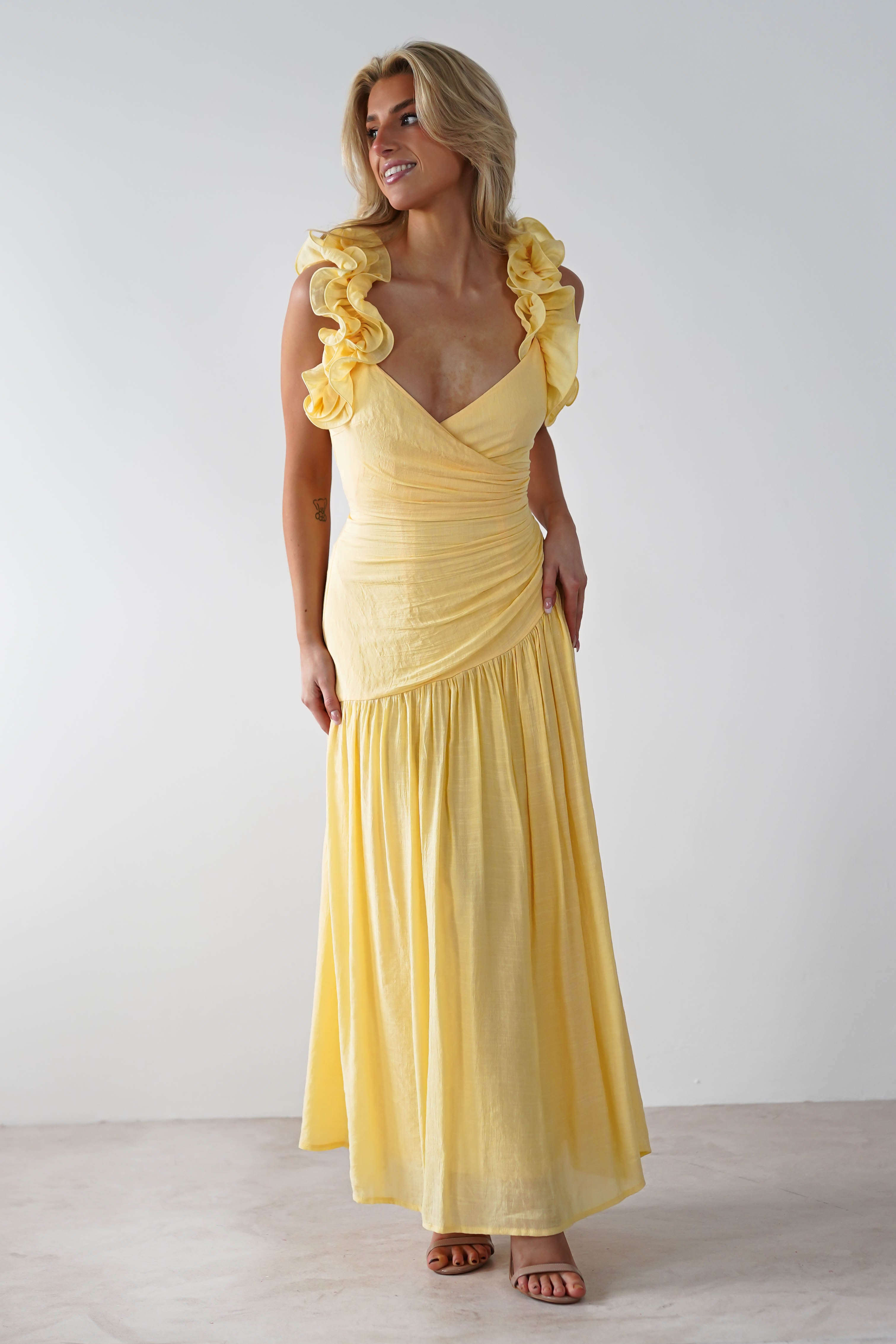 Lara Ruffle Detail Midaxi Yellow | Wedding Guest Dress | Oh Hello Clothing