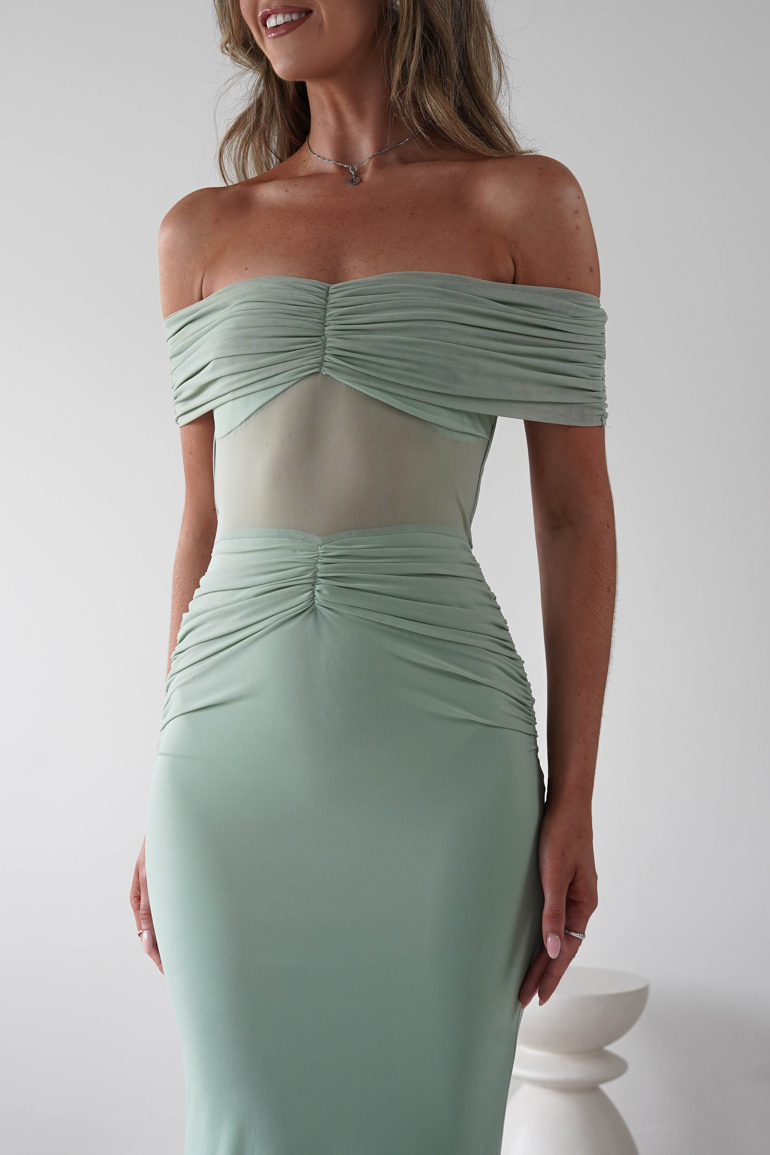 Shari Off The Shoulder Mesh Maxi Sage | Wedding Guest Dress | Off Shoulder | Maxi | Oh Hello Clothing