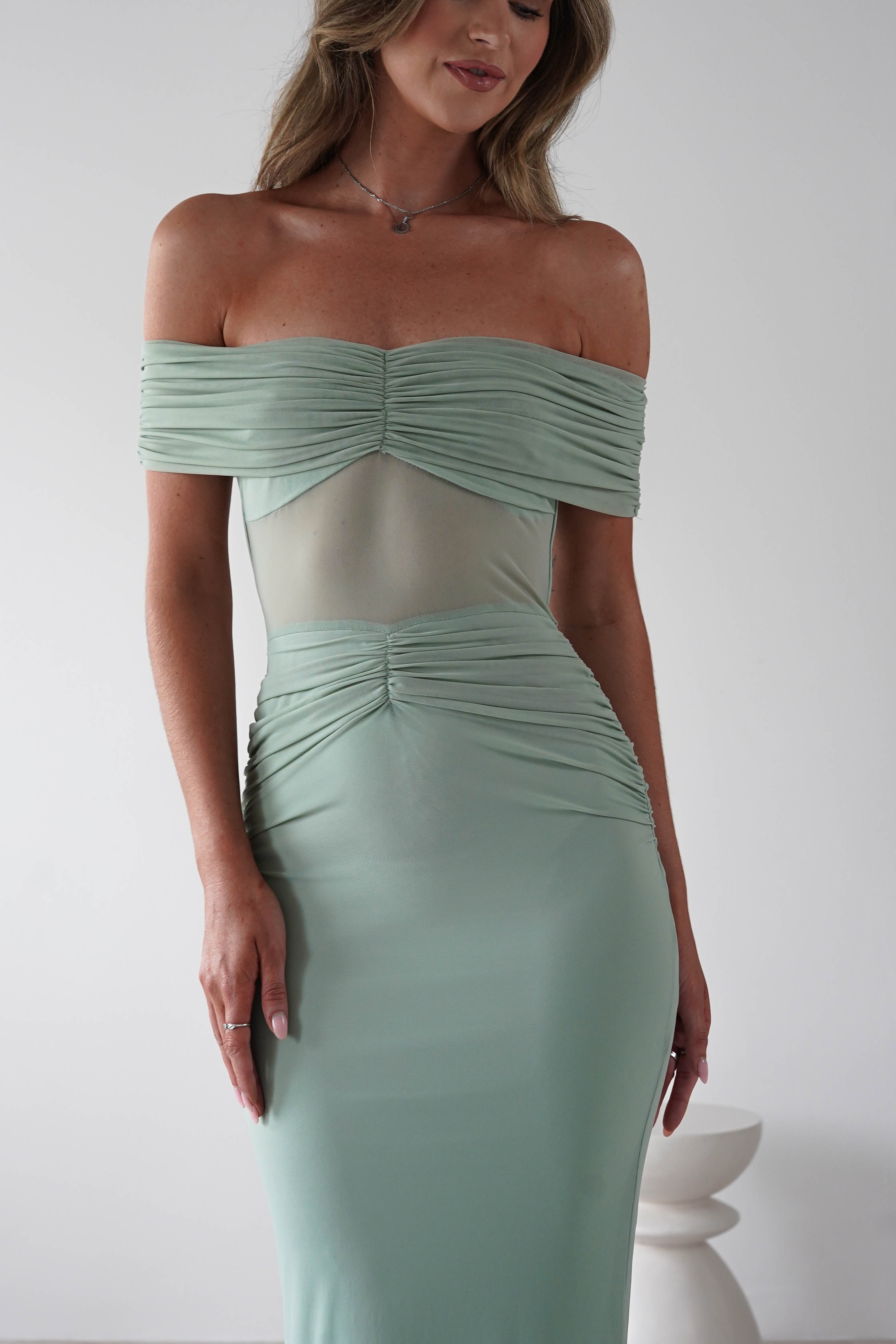 Shari Off The Shoulder Mesh Maxi Sage | Wedding Guest Dress | Off Shoulder | Maxi | Oh Hello Clothing