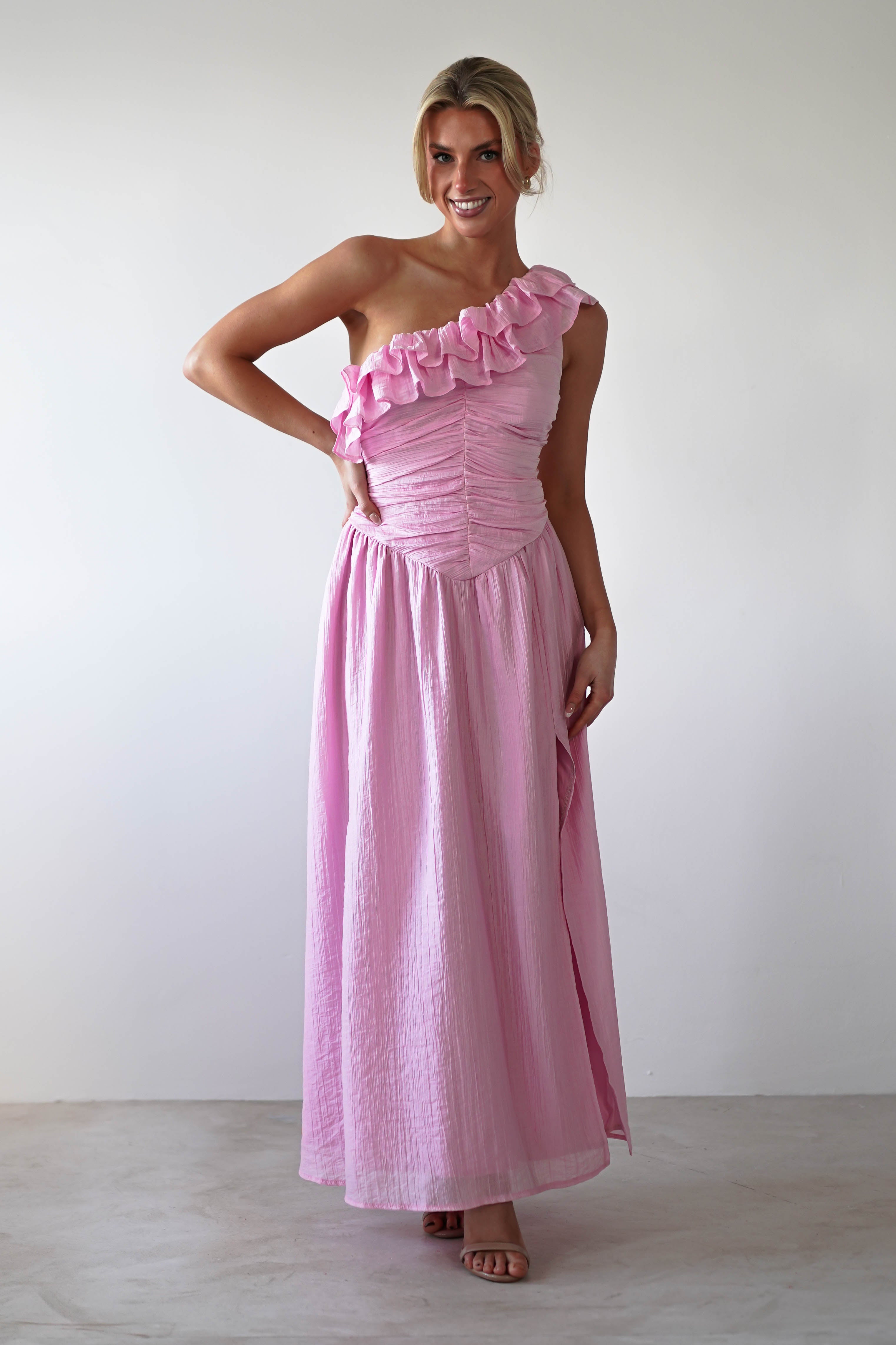 Jamie Ruffle One Shoulder Midaxi Pink | Wedding Guest Dress | One Shoulder | Oh Hello Clothing