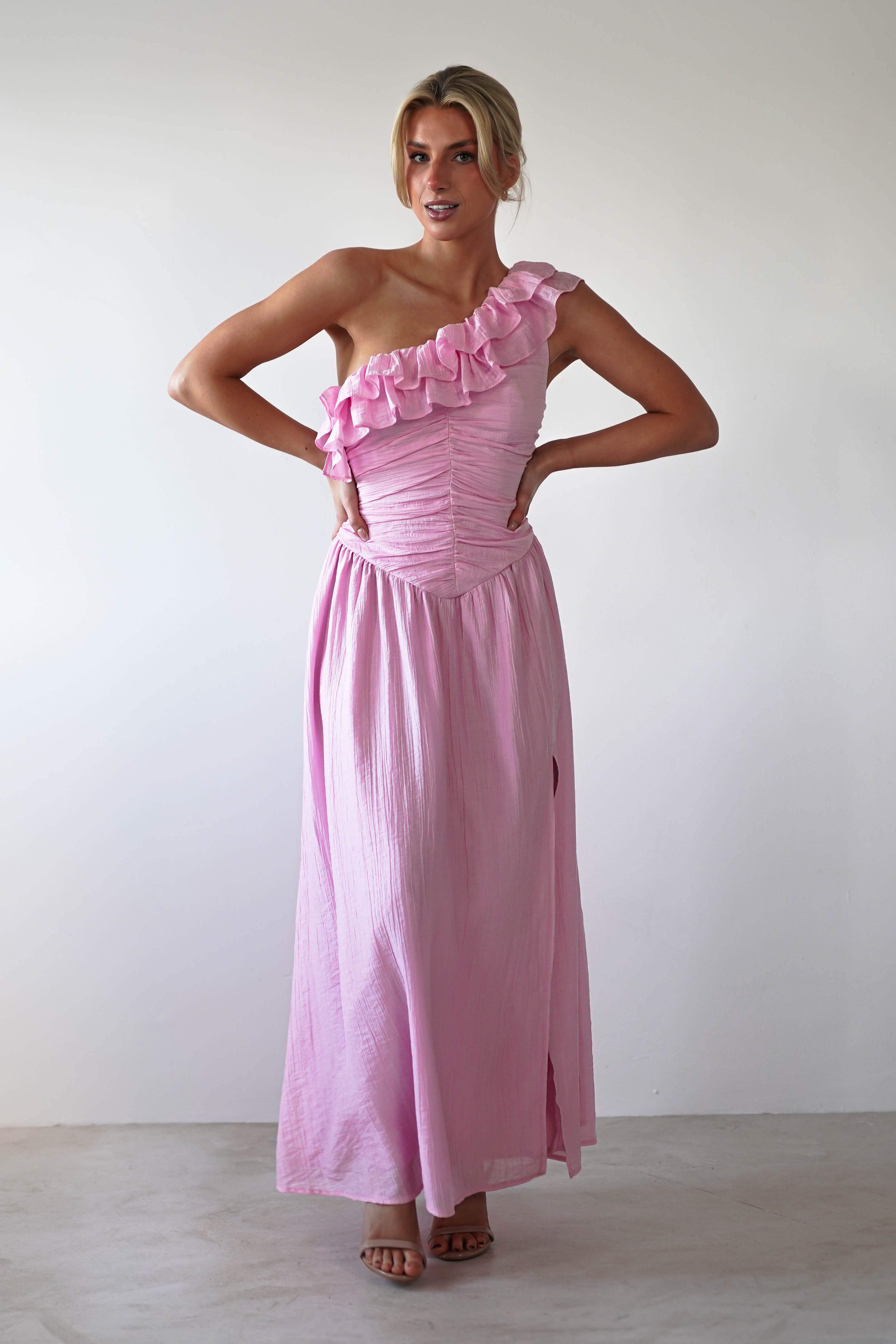 Jamie Ruffle One Shoulder Midaxi Pink | Wedding Guest Dress | One Shoulder | Oh Hello Clothing