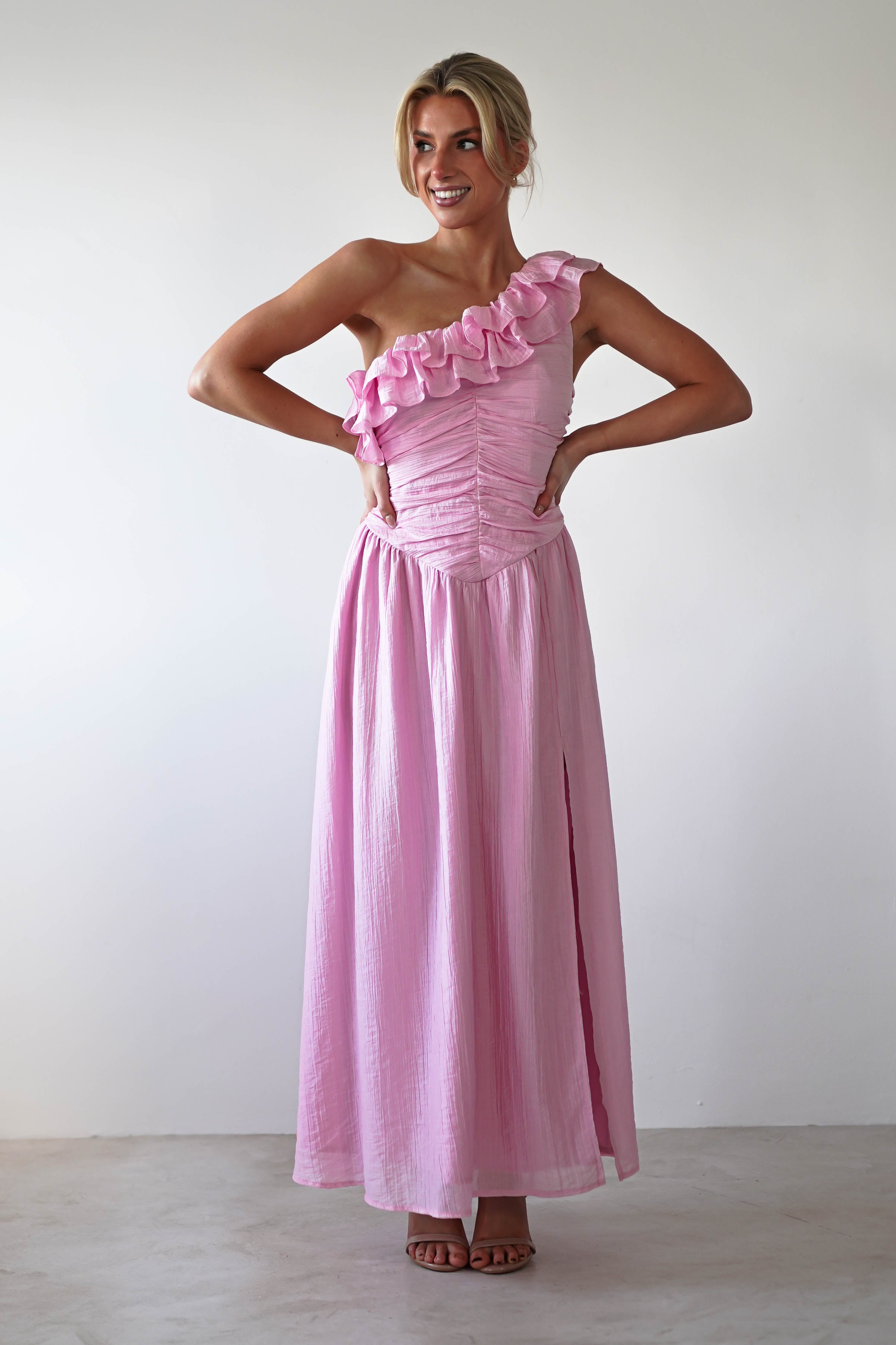 Jamie Ruffle One Shoulder Midaxi Pink | Wedding Guest Dress | One Shoulder | Oh Hello Clothing