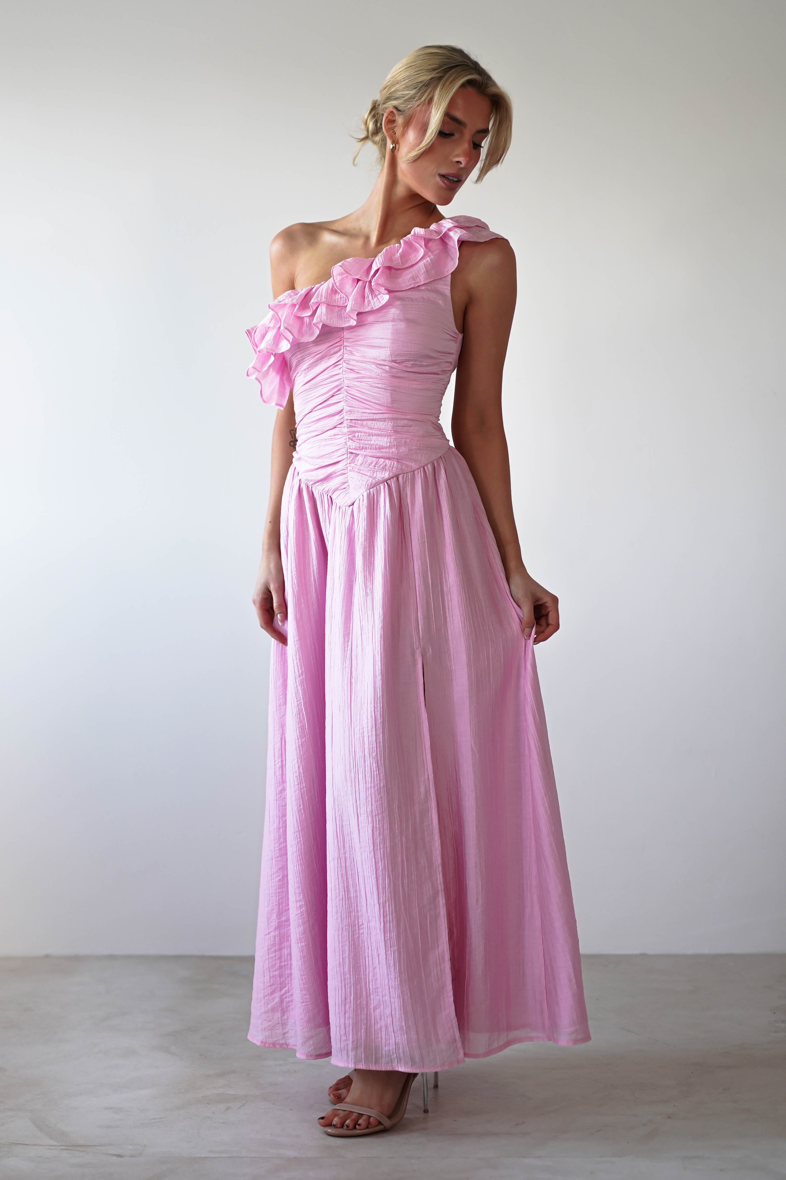 Jamie Ruffle One Shoulder Midaxi Pink | Wedding Guest Dress | One Shoulder | Oh Hello Clothing