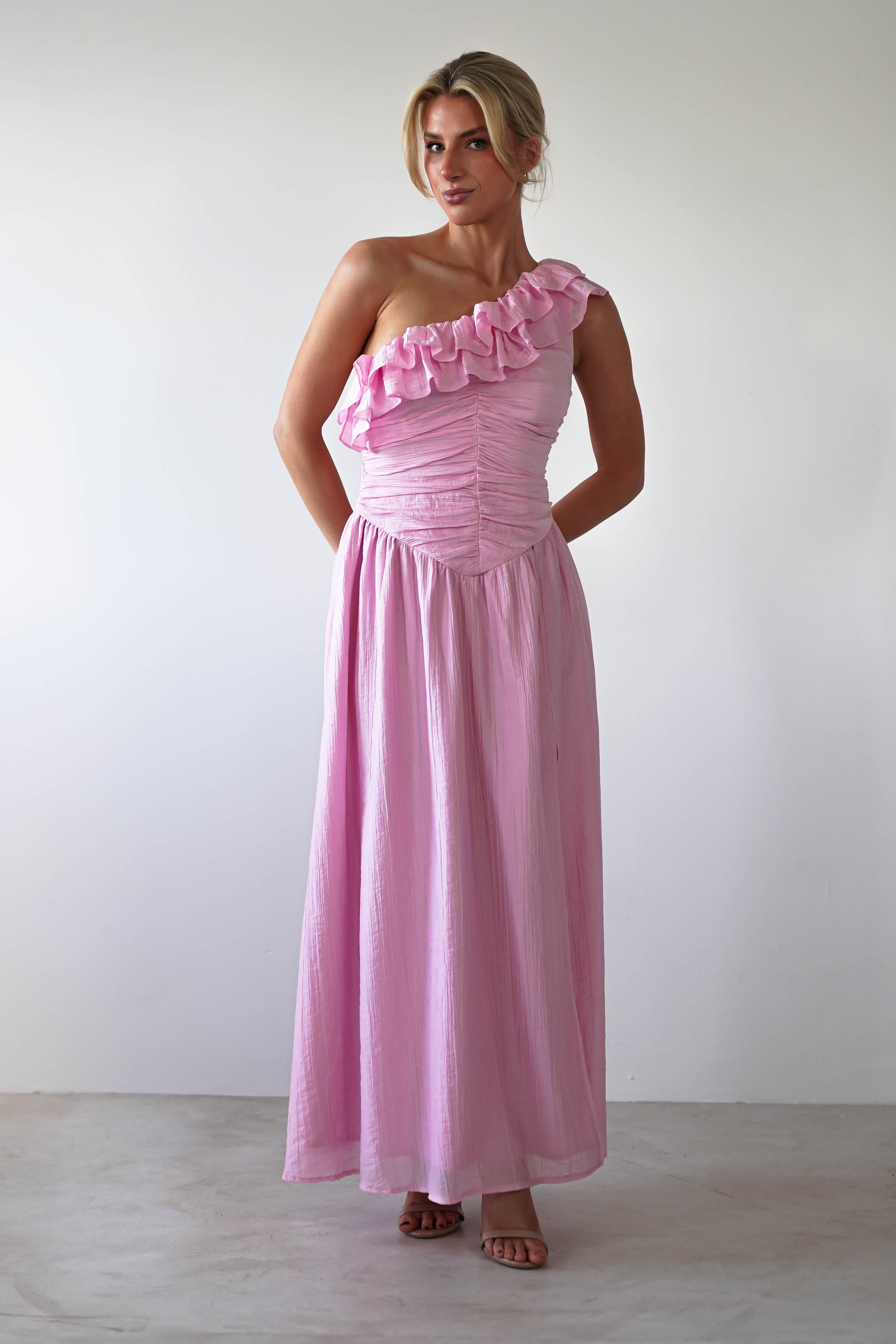 Jamie Ruffle One Shoulder Midaxi Pink | Wedding Guest Dress | One Shoulder | Oh Hello Clothing