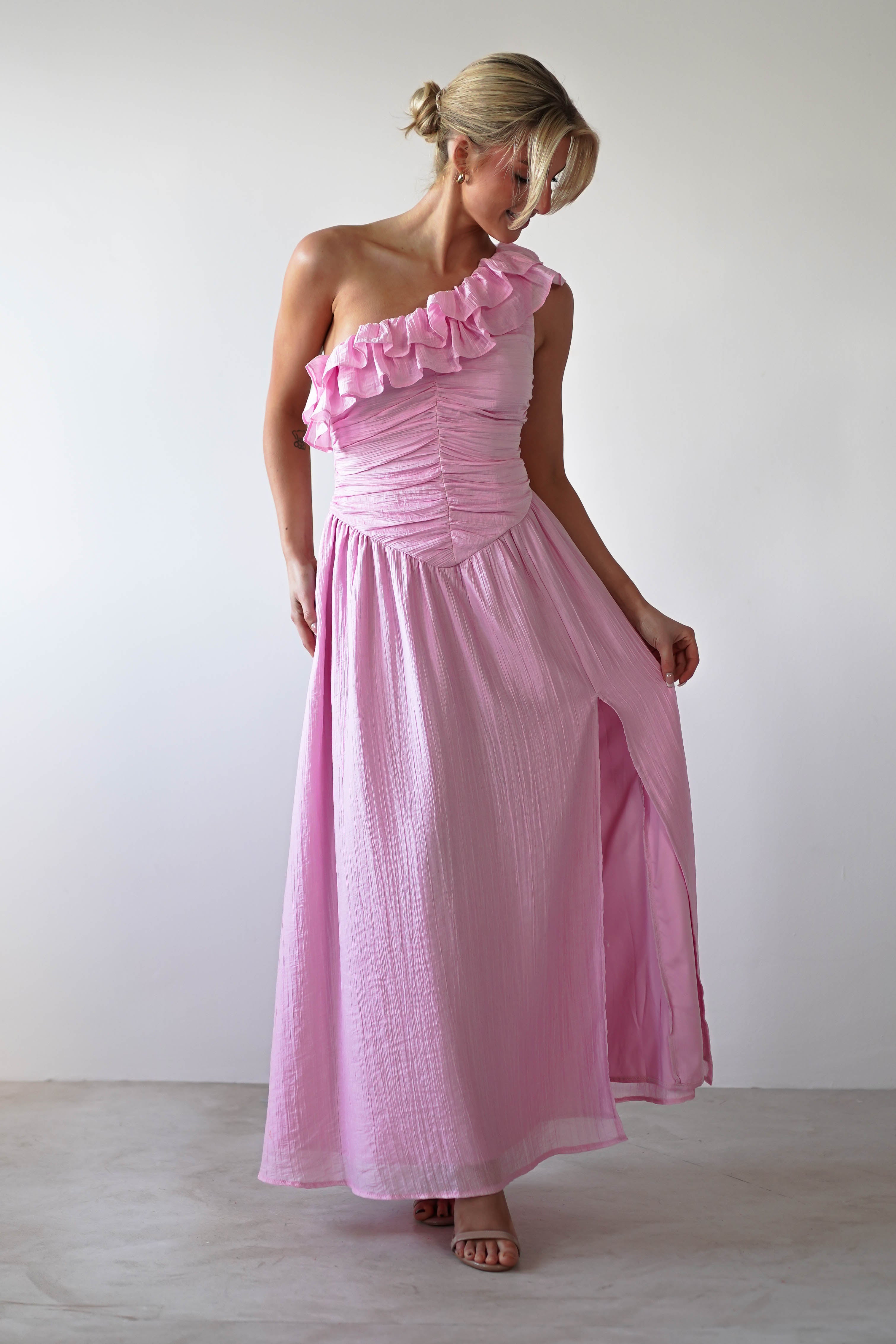 Jamie Ruffle One Shoulder Midaxi Pink | Wedding Guest Dress | One Shoulder | Oh Hello Clothing