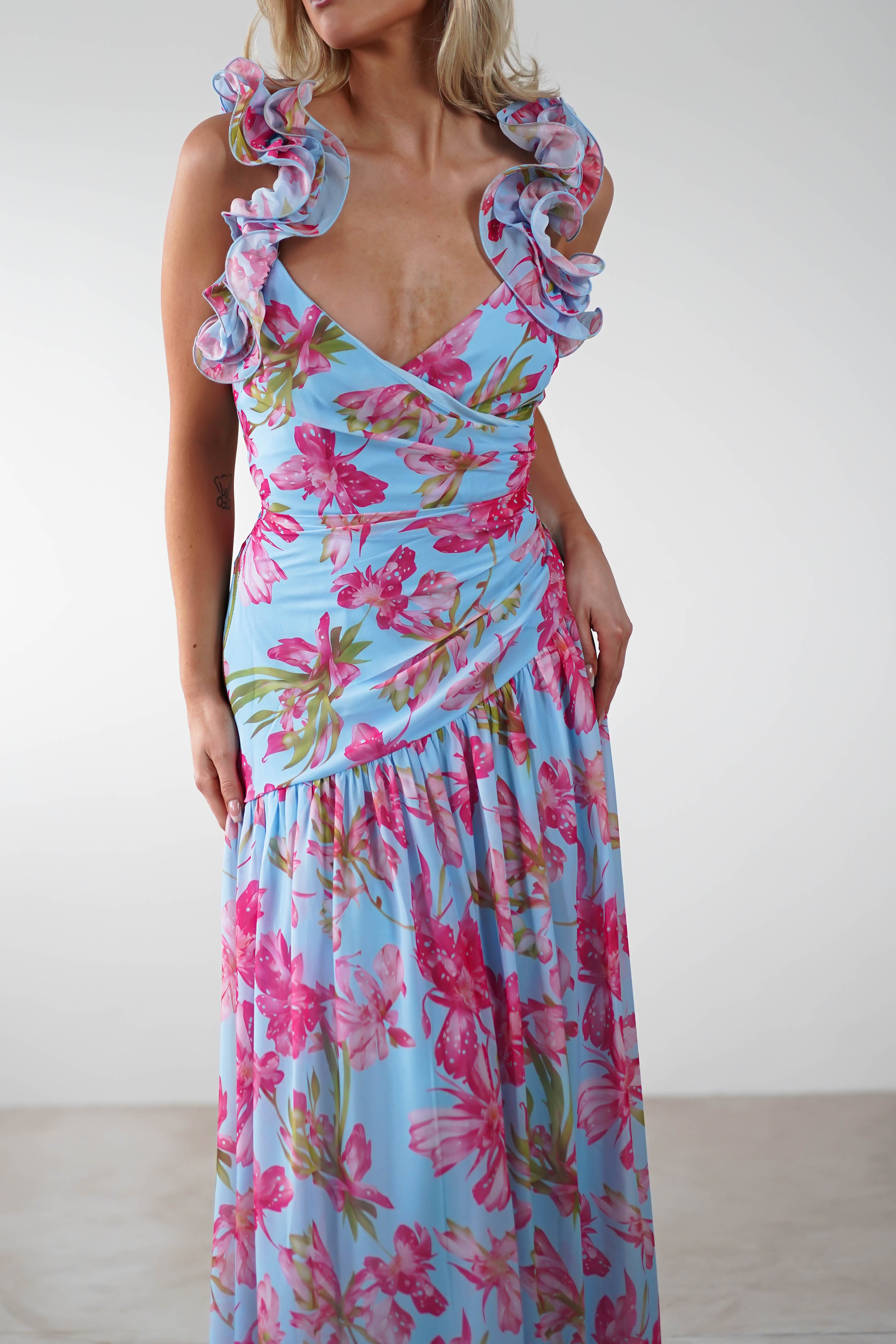 Karmen Ruffle Floral Midaxi Dress Blue/Pink | Wedding Guest Dress | Oh Hello Clothing