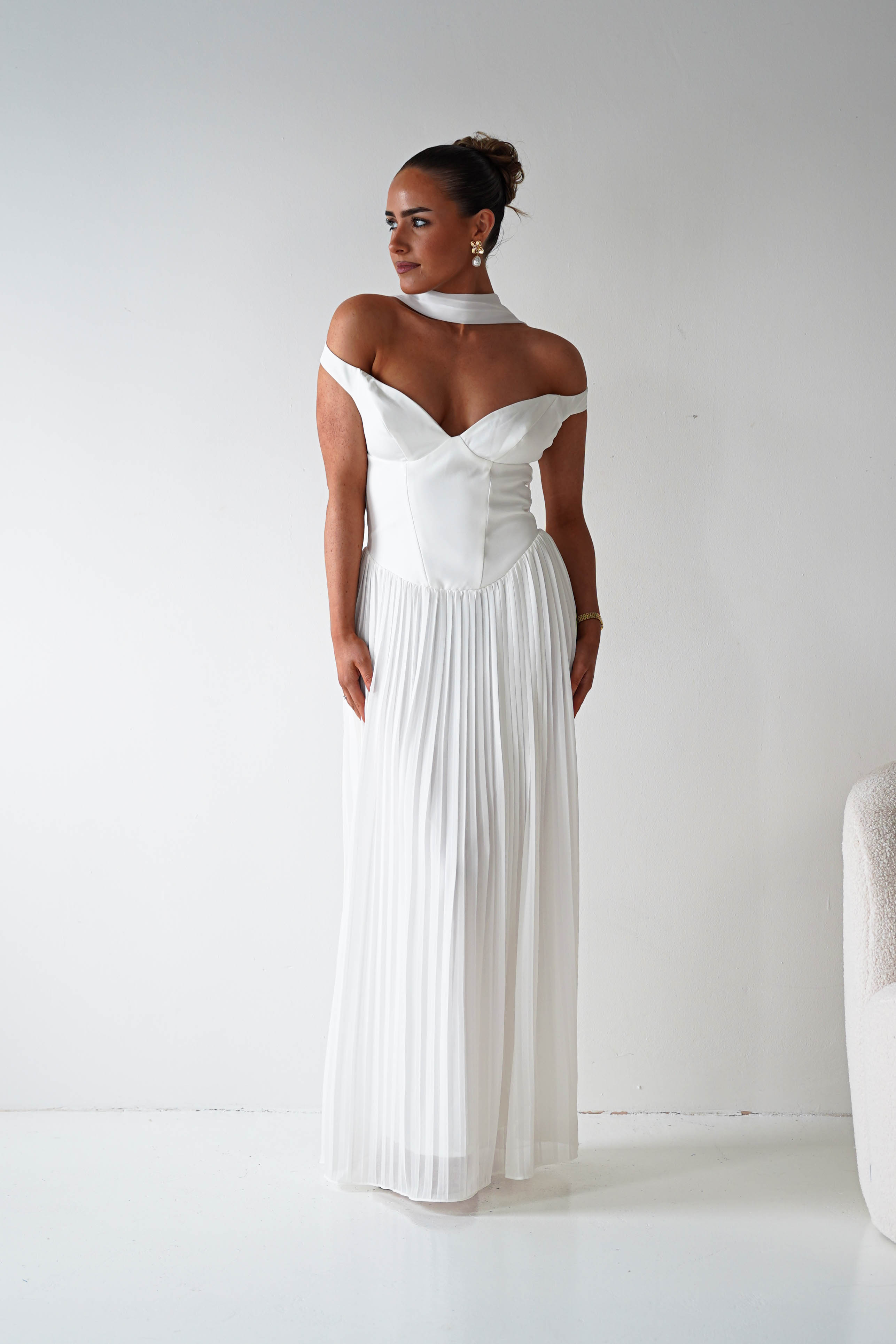 Oh Hello Clothing Women > Clothing > Dresses 1*DONE- Kelsea Off The Shoulder Pleated Maxi Dress |WHITE