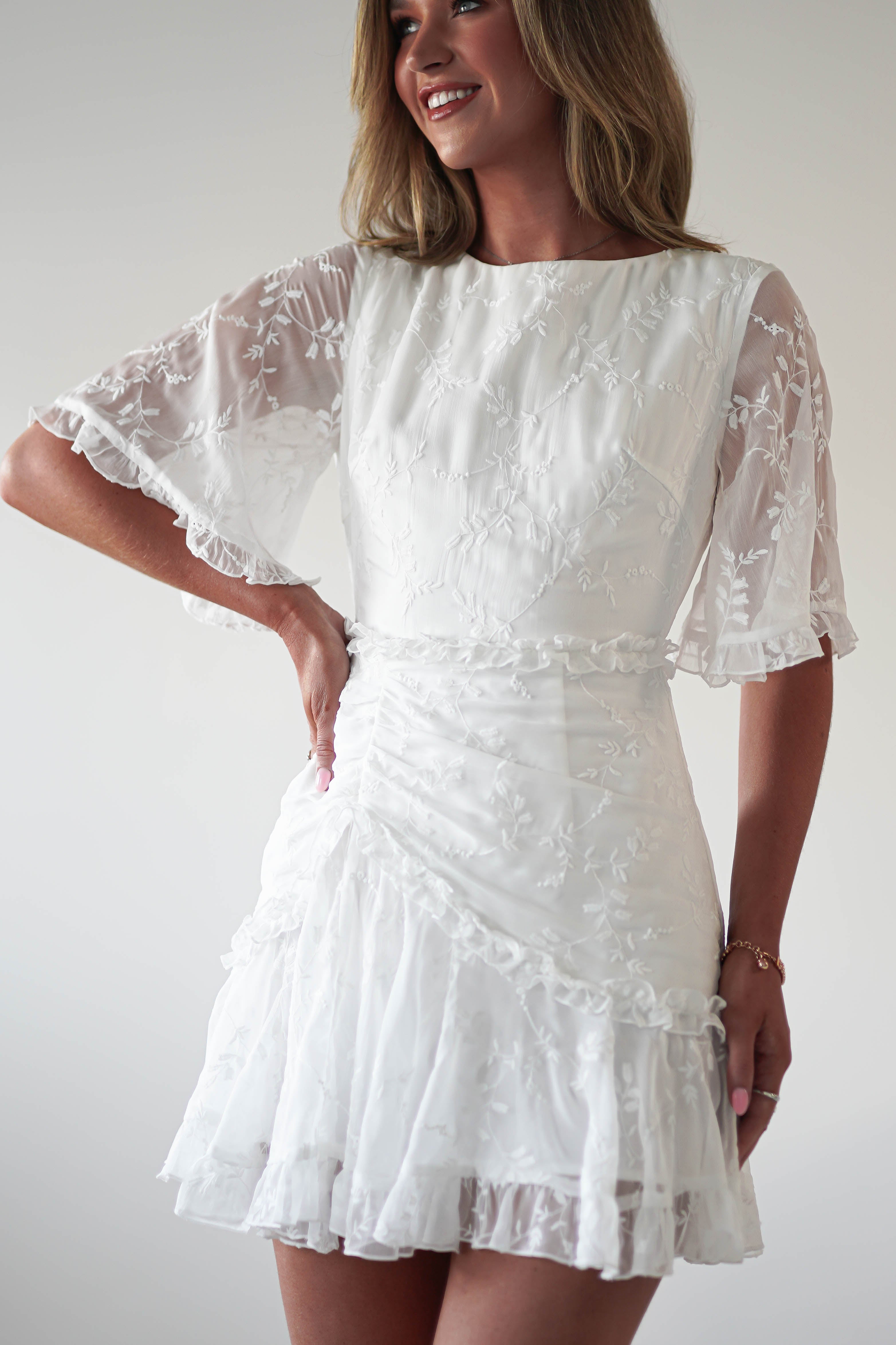 Amélie Boho Lace Detail Mini Dress | White | Graduation | Bride To Be Hen Dress | Oh Hello Clothing
