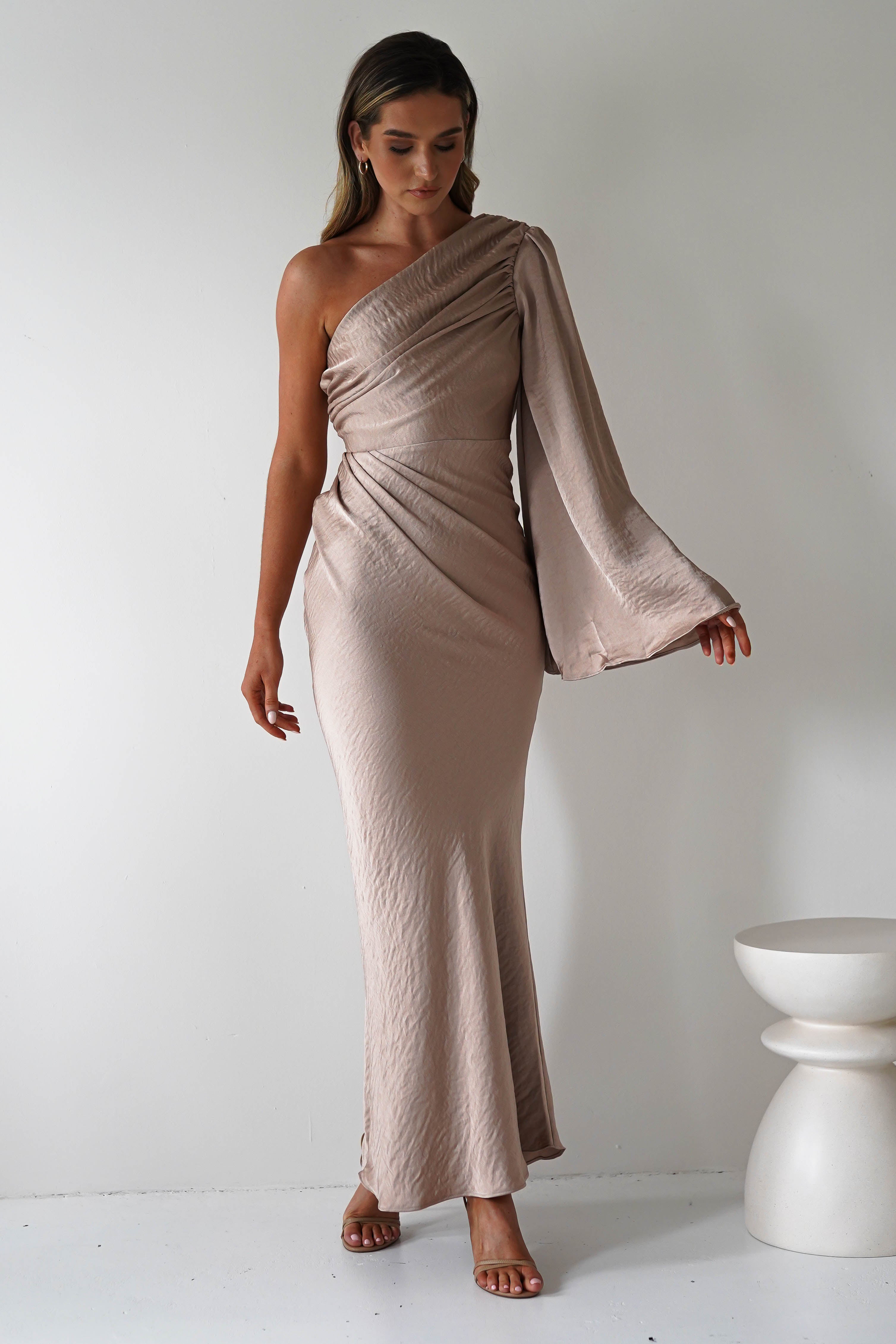 Elegance Silky Maxi Dress Mocha | Wedding Guest Dress | Maxi | Oh Hello Clothing