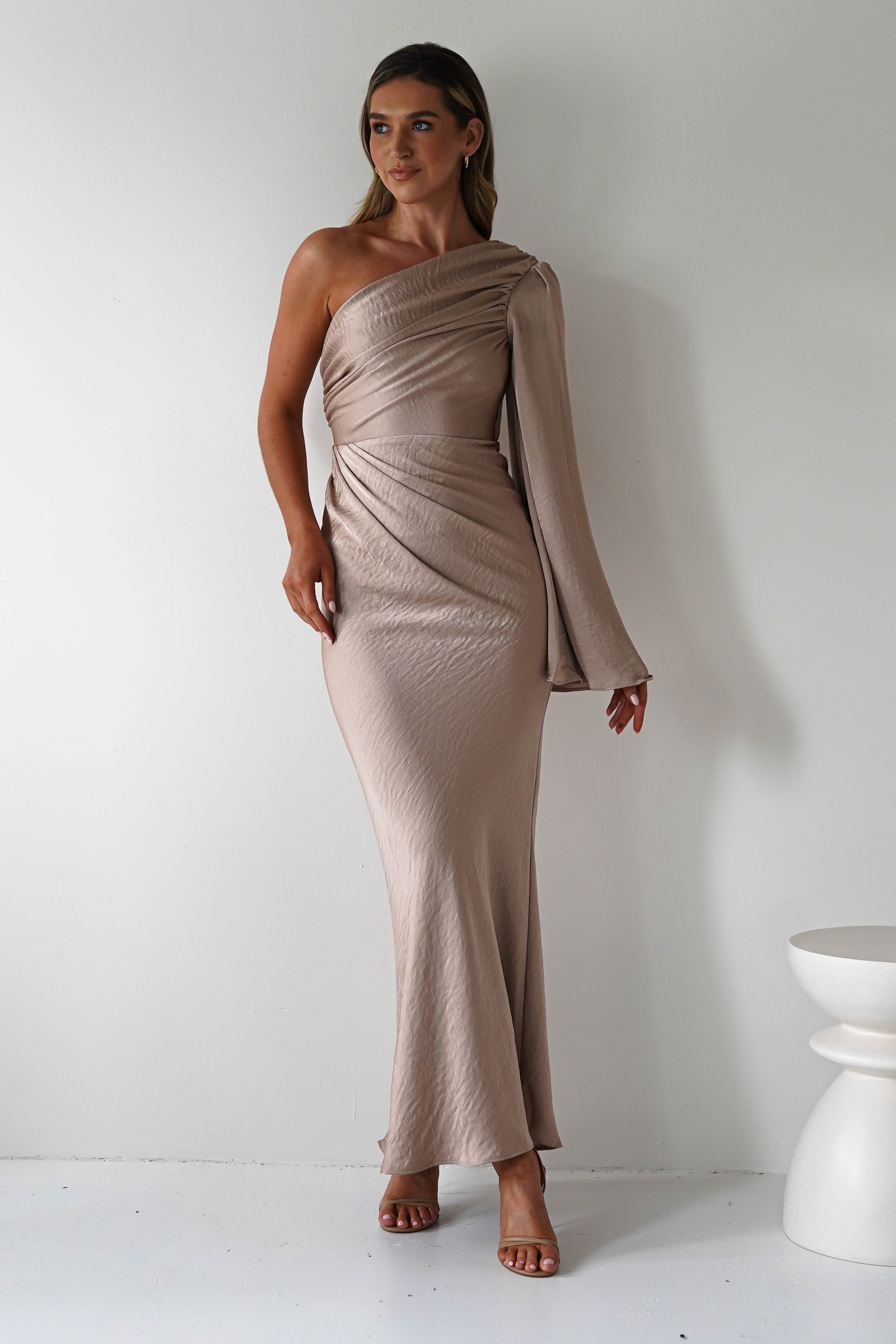 Elegance Silky Maxi Dress Mocha | Wedding Guest Dress | Maxi | Oh Hello Clothing