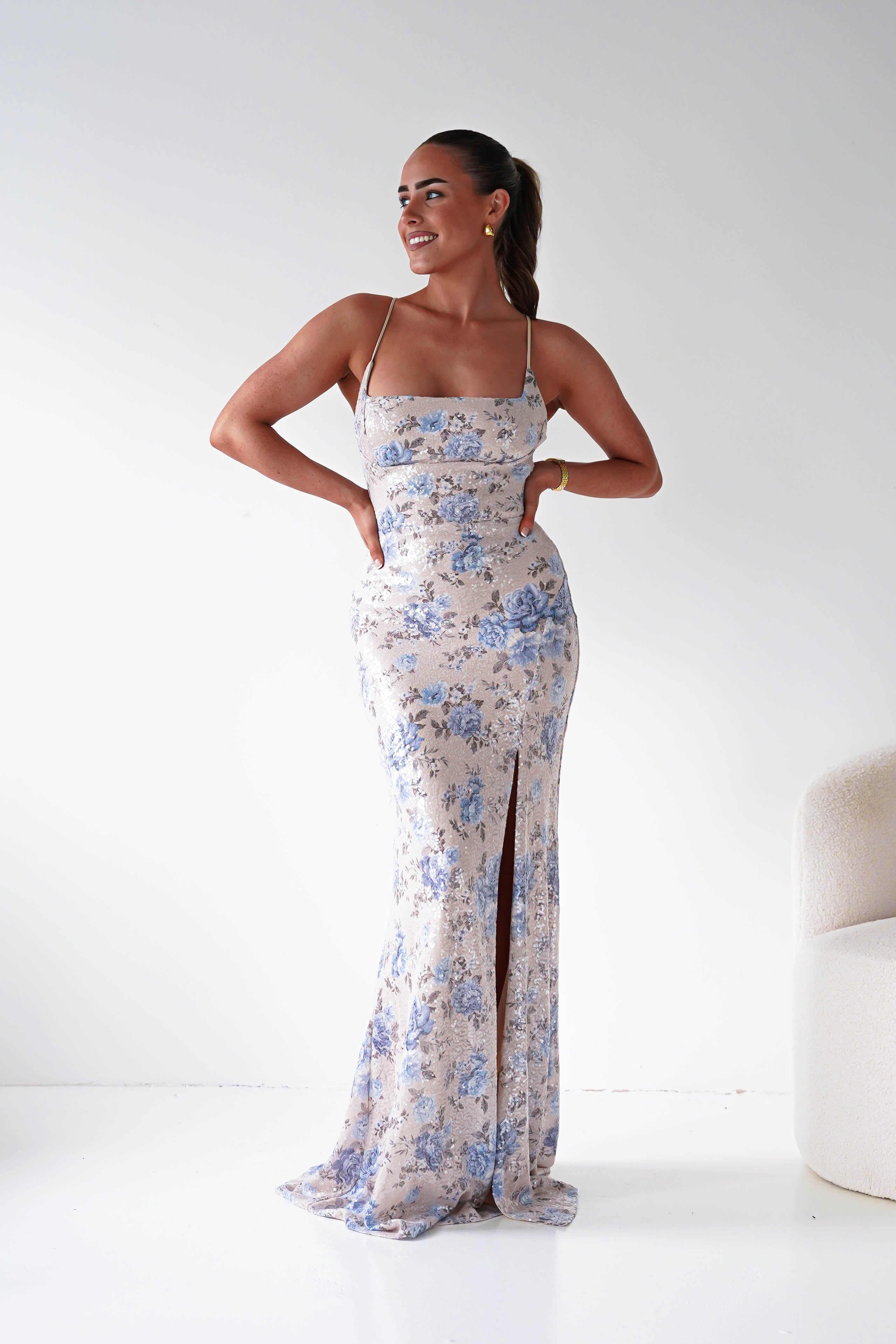 Oh Hello Clothing Women > Clothing > Dresses 1*DONE -LOVESOME-CD30630-1-Blue Floral Sequin Maxi Dress with Lace-Up Back