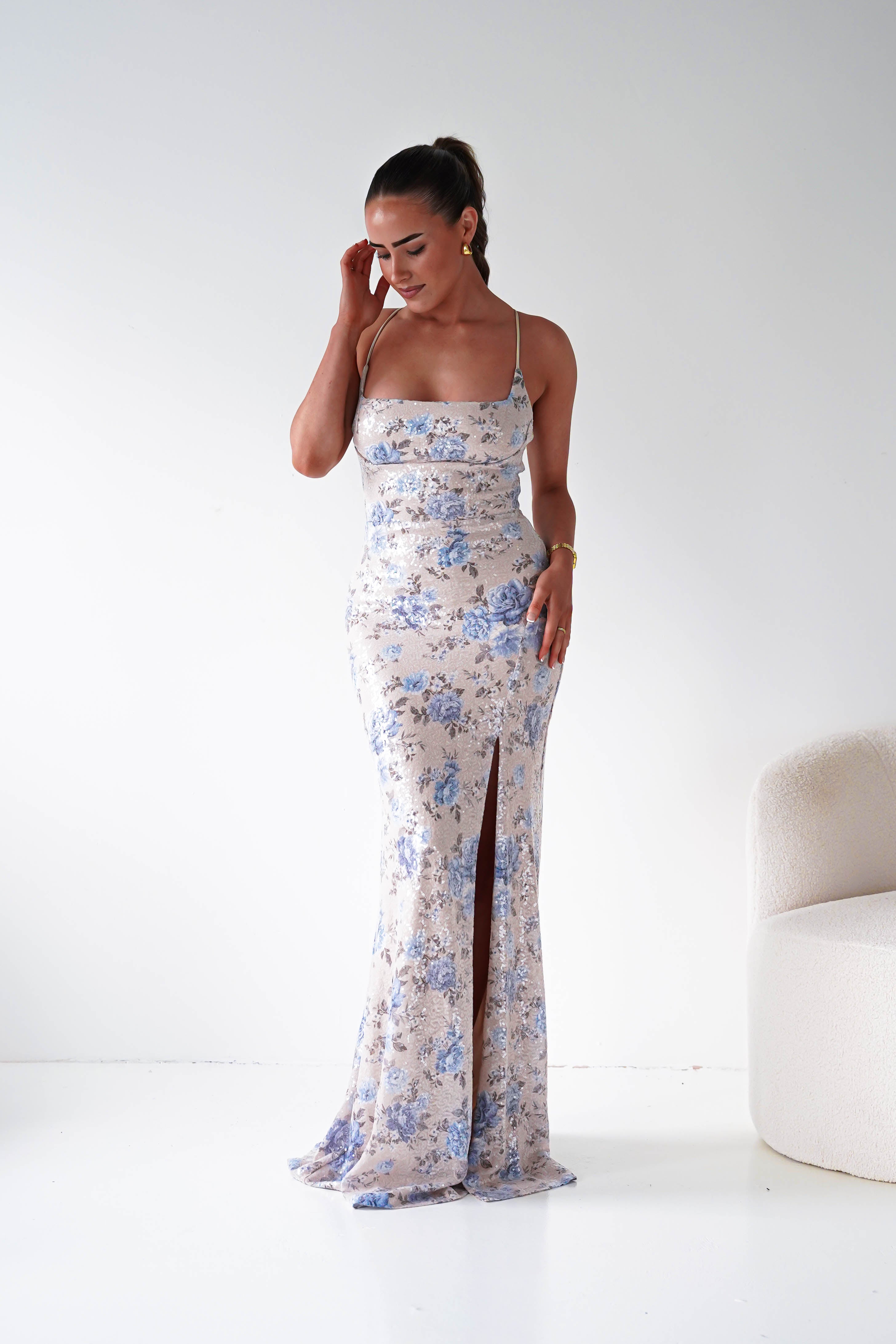 Oh Hello Clothing Women > Clothing > Dresses 1*DONE -LOVESOME-CD30630-1-Blue Floral Sequin Maxi Dress with Lace-Up Back