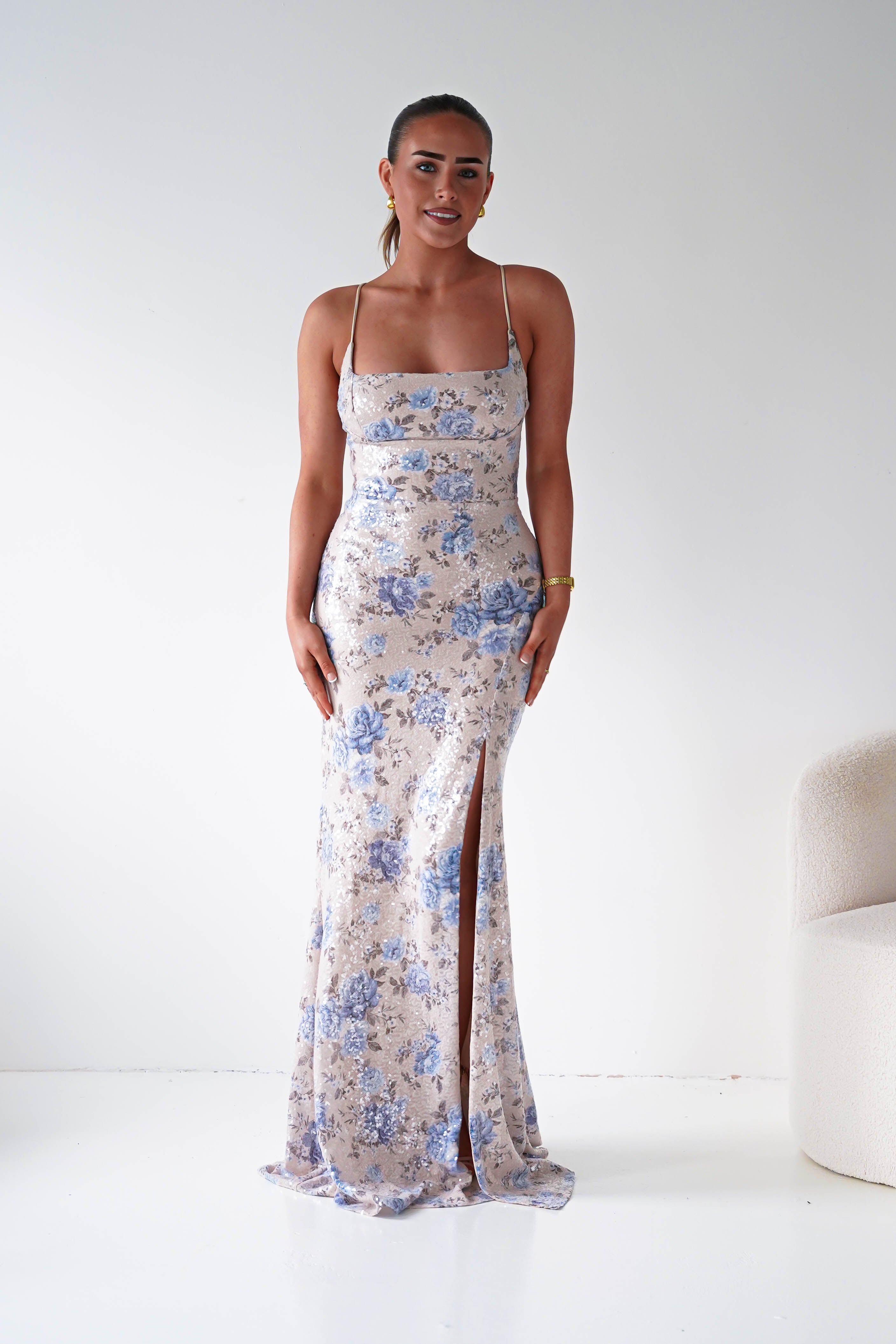 Oh Hello Clothing Women > Clothing > Dresses 1*DONE -LOVESOME-CD30630-1-Blue Floral Sequin Maxi Dress with Lace-Up Back